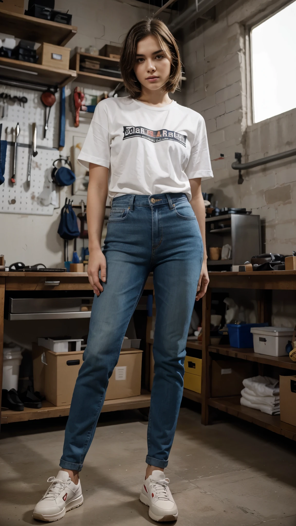 full body, Realistic, Photography, Woman, 28 years, short haired, stocky muscular body, White shirt, long blue jeans, and sneakers, standing in the workshop, facing the camera, stand up straight, masculine pose, calm expression, detailed face, detailed background, bright light, sunlight