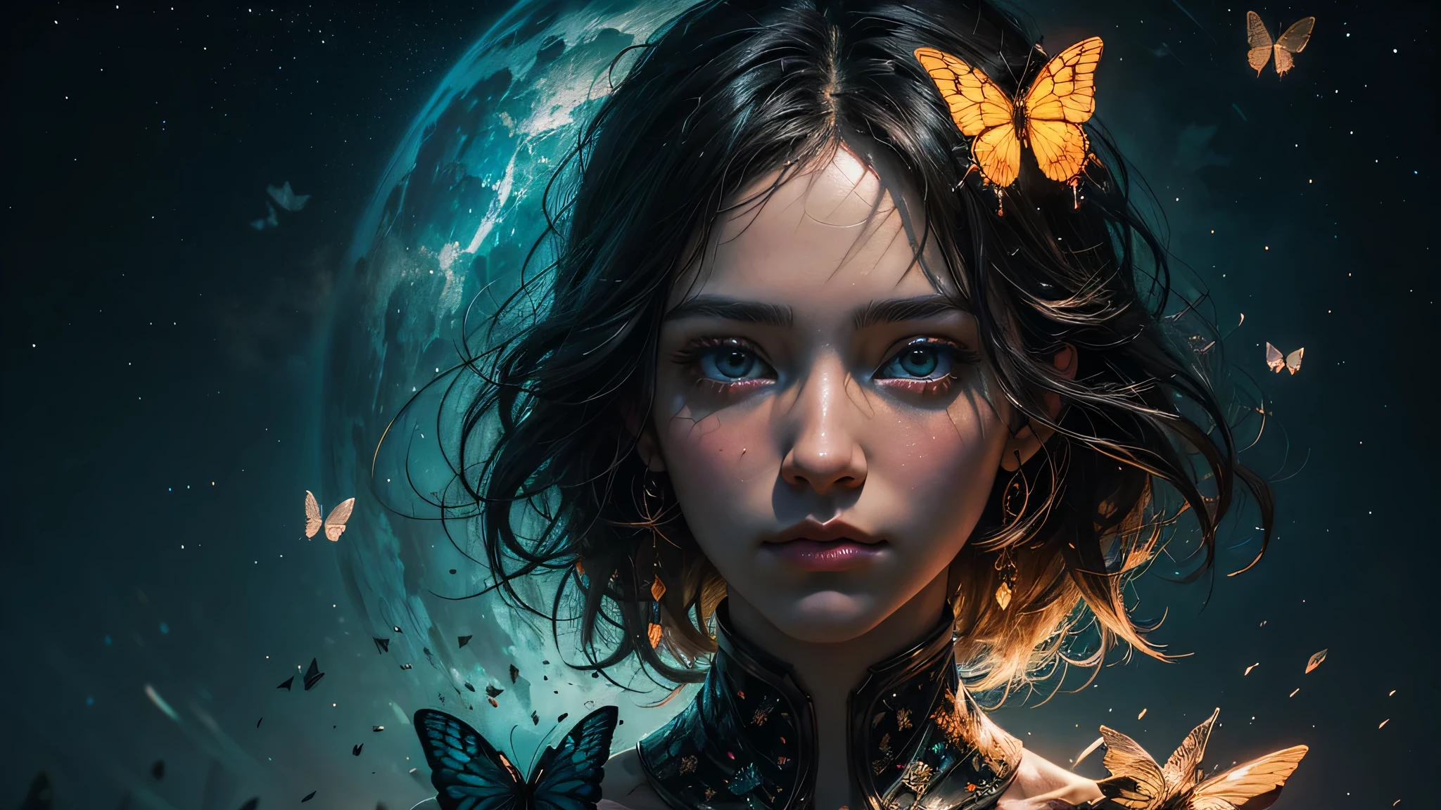 multi-layered transparency of a human head inside with butterflies only in a brain hybrid, Beautiful detailed difficult insanely detailed octane render trending on artstation, 8K Fine Art Photography, Photorealistic, centered, symmetry, color, difficult, volumetric lighting, Beautiful, Masterpiece with the rich, Deep colors, sharp focus, ultra detailed, in the style of Dan Mumford and Mark Simonetti, astrophotgraphy