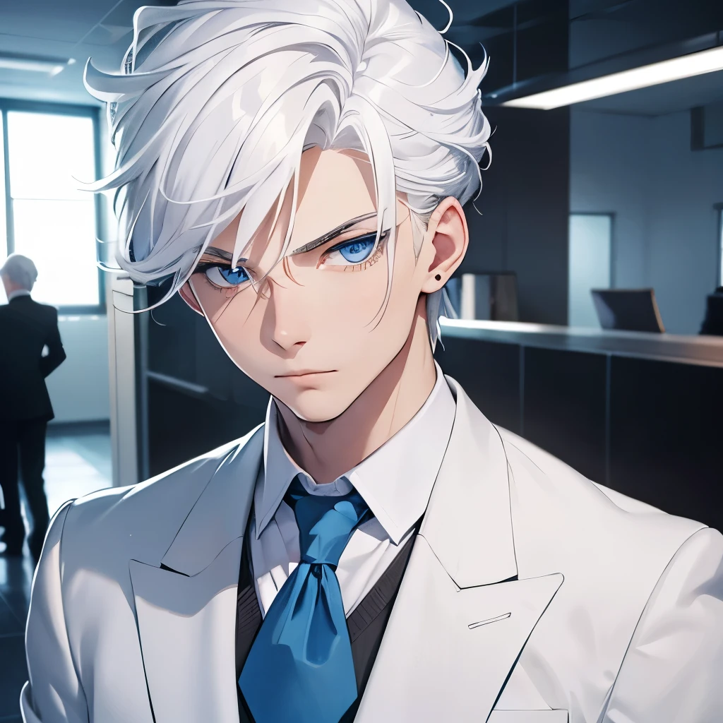 Boy, white hair, blue eyes, serious sharp features, white skin, formal style, office