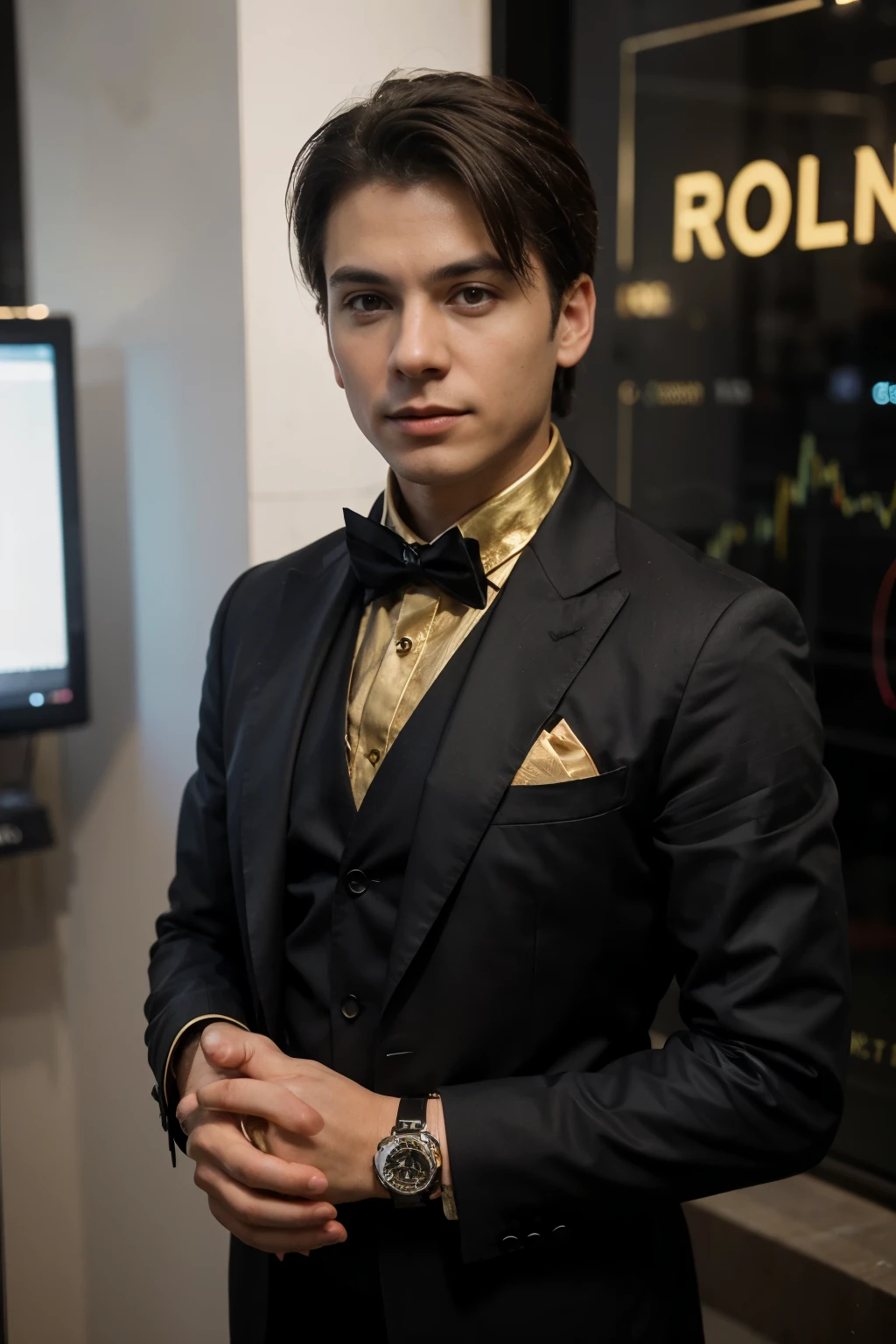 Professional trader in crypto market make original photo 4k super realistic man with suit black with gold Rolex watch on hand in real wall street in Dubai crypto exchange market binance with gold car