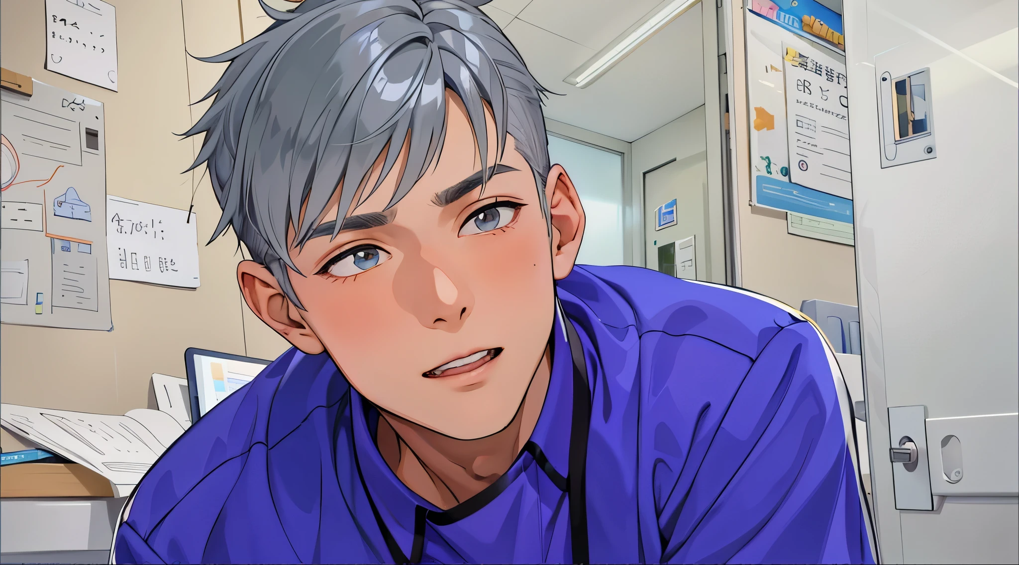 There is a cute high school boy, he is amazed, surprised, in disbelief, gray eyes, silver hair, he is at the school address.