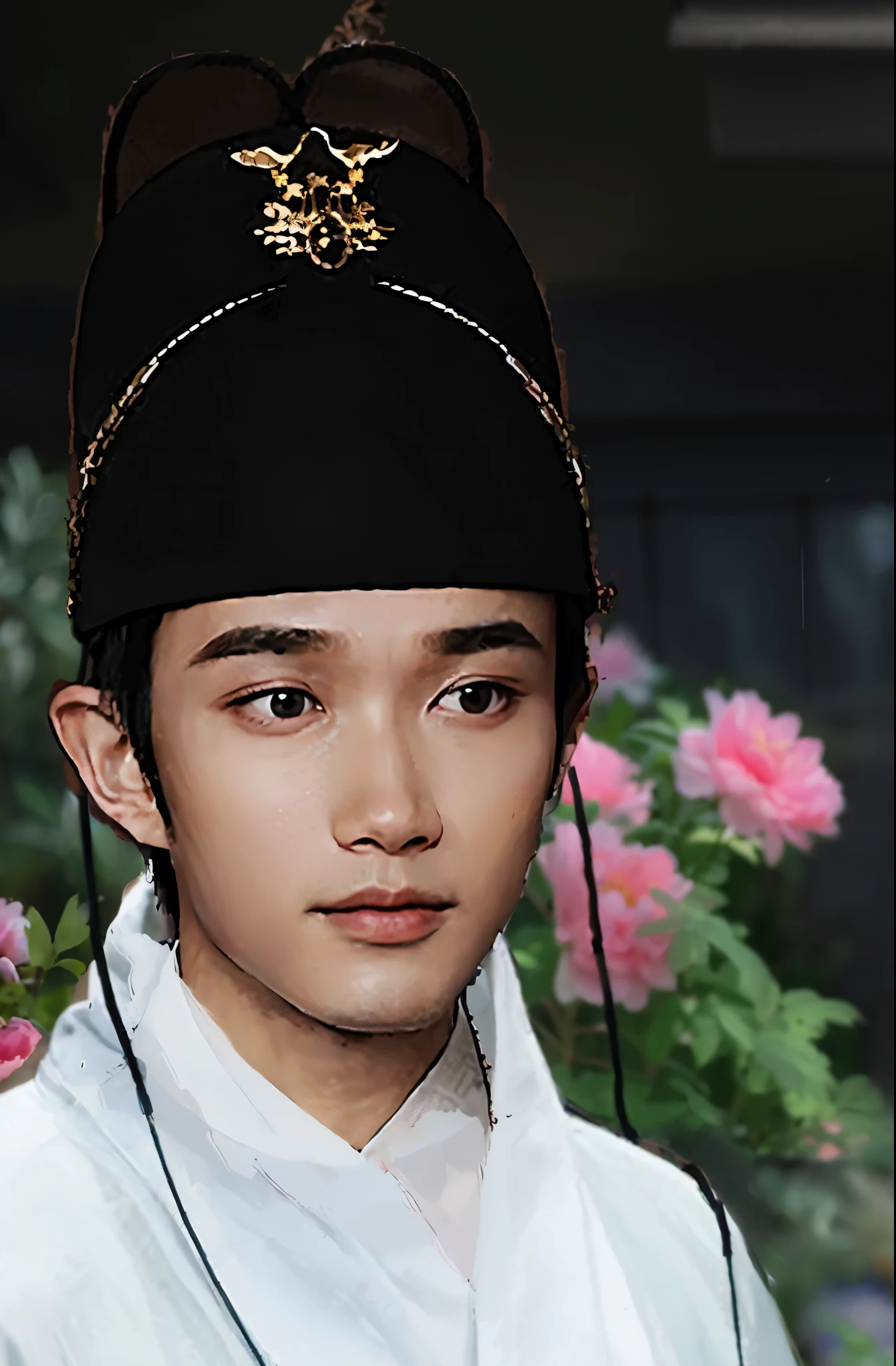 best quality，masterpiece，（painting：1.5），An ancient boy from the Ming Dynasty of China，Boy wearing light-colored Hanfu，在Peony丛中的美男子，Simple and cute boy，Peony，Peony从，ancient chinese architecture，Wooden construction，ancient chinese architecture风格，Gentle boy，asian boy，wearing a hat， The appearance of ancient Chinese scholars，ancient chinese architecture，Wooden construction，ancient chinese architecture风格，traditional clothing, traditional clothing, Hanbok, noble clothing, korean Hanbok, aristocratic appearance, Korean male, Wear period-appropriate clothing, classical robe, precise, Wearing noble robes, Wearing ancient Chinese clothing，Light green Hanfu，white hanfu，Handsome man，young man，（a detailed painting：0.353），（文艺复兴古典painting风格：0.8）