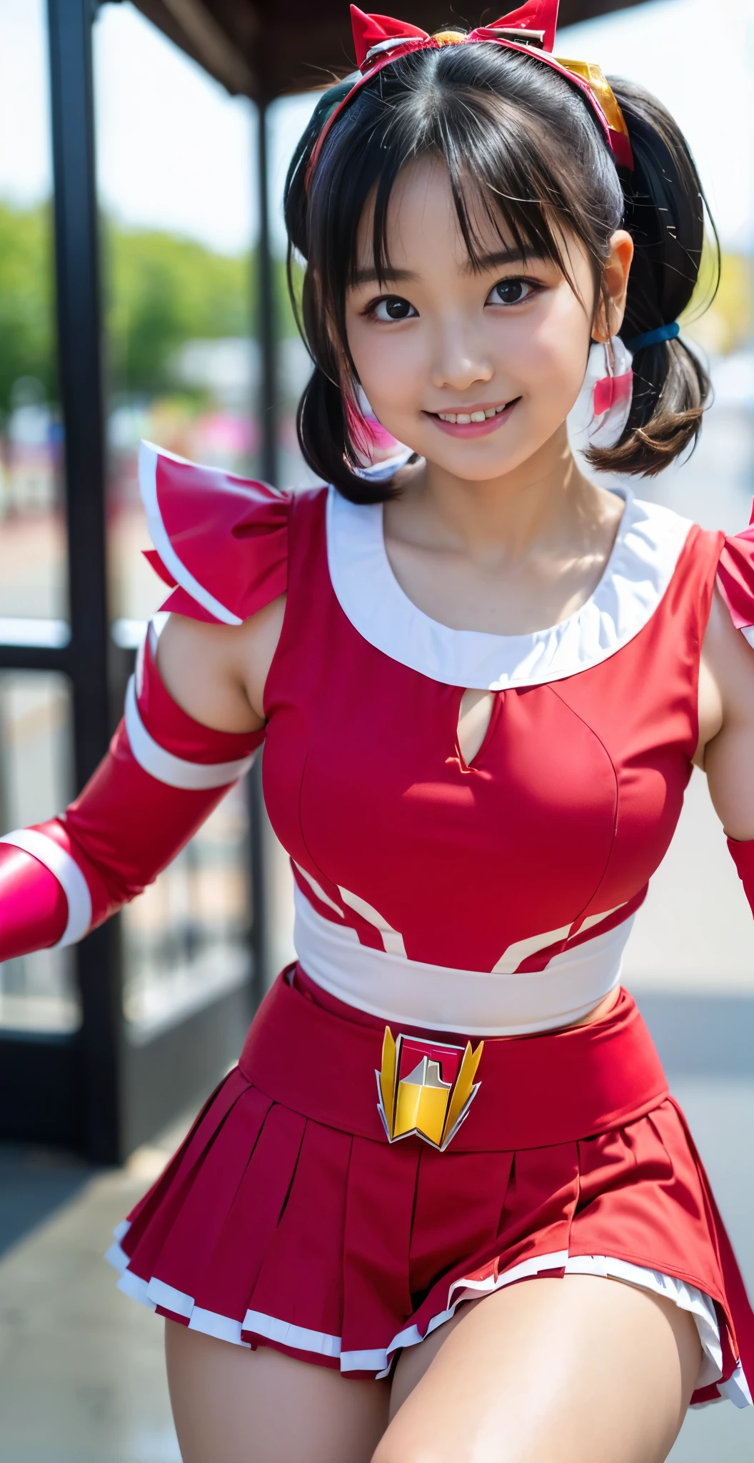 （8k、Raw photography、highest quality、masterpiece：1.2),(black haired、very short hair:1.8),(short twin tails:1.4)、show viewer,Looking at the front,erotic,white skin,(super sentai series、Red Ranger、Super Beautiful Girl Warrior、She is wearing a colorful PreCure series costume..:1.9)、(Clothing that emphasizes the shape of your chest、publish one&#39;Skin:1.5)、(big breasts :1.2)、slim body shape、ultra high resolution,beautiful,beautiful fece,(alone, alone、no background:1.9),whole bodyボディー,japanese woman,（Photoreal：1.37）、photon mapping,reality、(Baby-faced and cute: 1.4)、(cute smile: 1.7)、(With a round face: 1.9)、radio city、Physically based rendering、depth of field rally background、photograph, (I can see your knees,close up of thighs:1.5),whole body、super fine