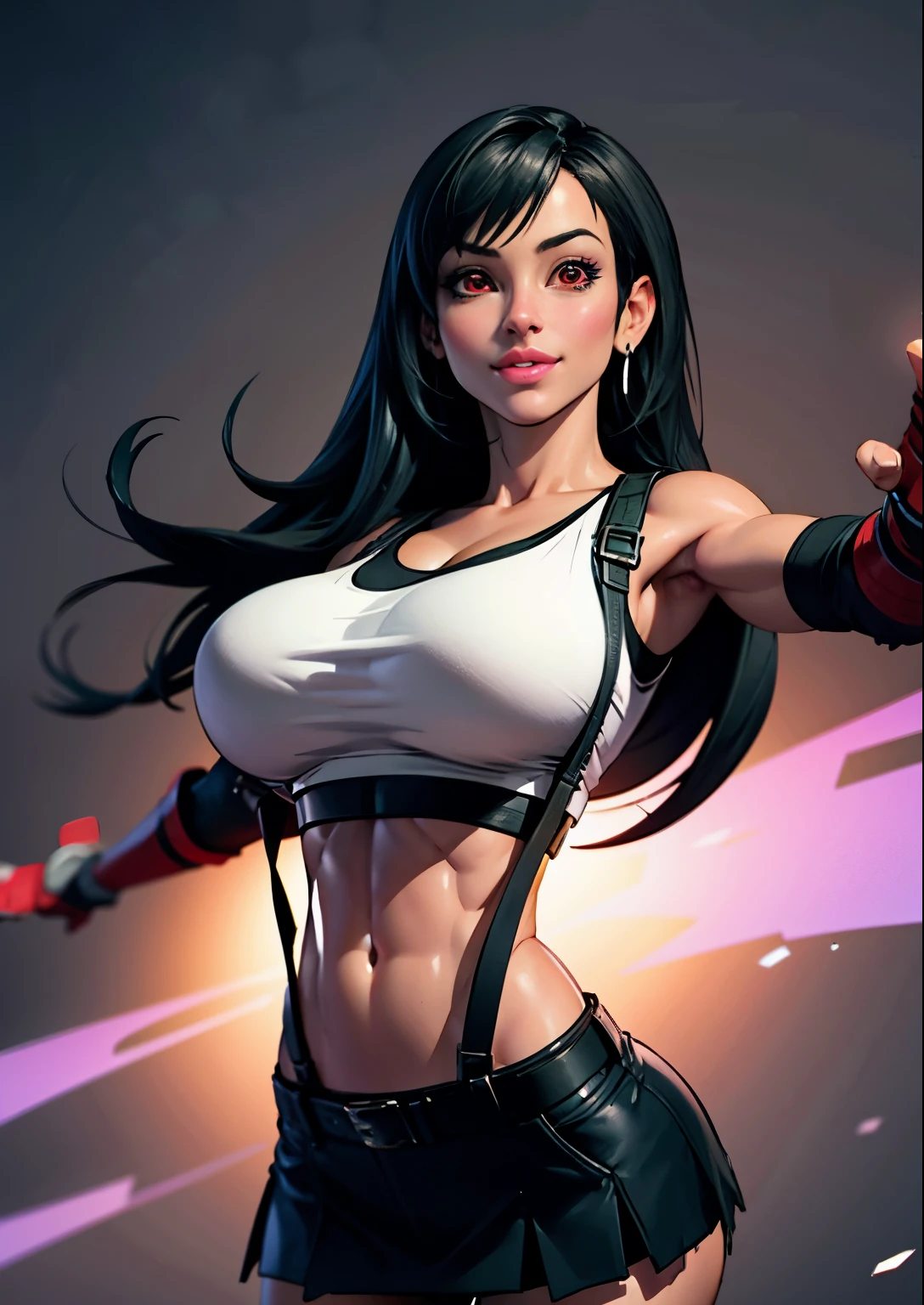 (semirealistic: 1.4), top quality, very delicate and beautiful, high resolution, 1girl, tifa_lockhart, smile, (slendered abs:1.3), cowboy shot, suspenders, low rise, mini skirt, tank top, tense shirt, black hair, long hair, elbow gloves, beautiful detailed red eyes, face light, movie lighting, navel, high exposure, abdomen exposure, ribs, abs, ( gigantic breasts: 1.2), dynamic poses, dynamic angles,