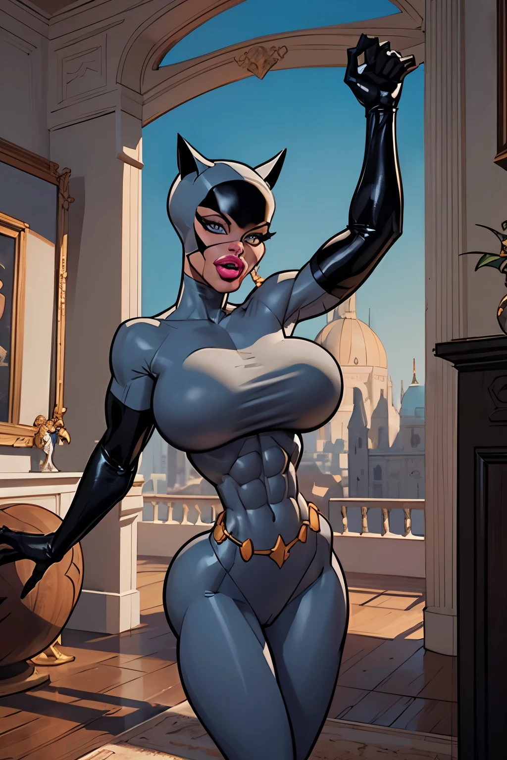 Catwoman is robbing the vaults of Ellon Musk's mansion. Esta levando as Joias e Diamantes do tamanho de um palmo. (gigantic breasts:1.3), (slendered abs:1.4),Careca com ela uma bolsa que ao final do roubo esta cheia com os pertences roubados.