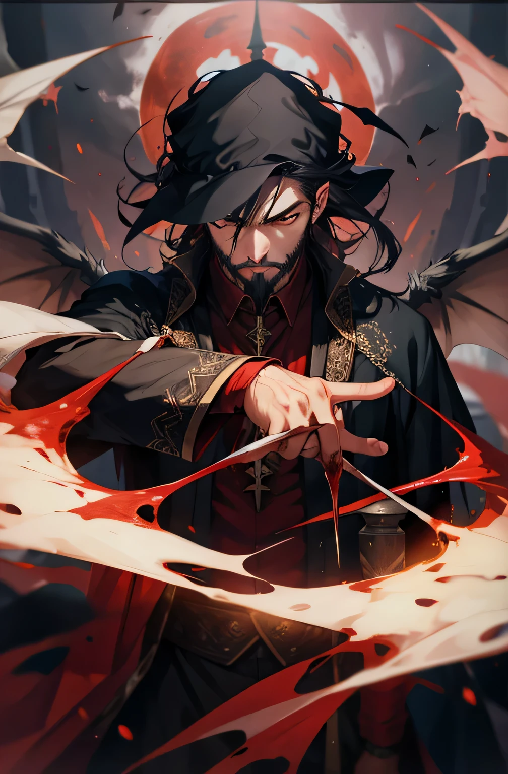 Barba Comprida, demon wings, wizard hat, sangue