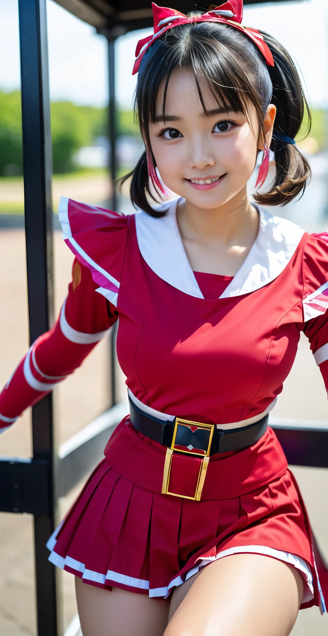 （8k、Raw photography、highest quality、masterpiece：1.2),(black haired、very short hair:1.8),(short twin tails:1.4)、show viewer,Looking at the front,erotic,white skin,(super sentai series、Red Ranger、Super Beautiful Girl Warrior、She is wearing a colorful PreCure series costume..:1.9)、(Clothing that emphasizes the shape of your chest、publish one&#39;Skin:1.5)、(big breasts :1.2)、slim body shape、ultra high resolution,beautiful,beautiful fece,(alone, alone、no background:1.9),whole bodyボディー,japanese woman,（Photoreal：1.37）、photon mapping,reality、(Baby-faced and cute: 1.4)、(cute smile: 1.7)、(With a round face: 1.9)、radio city、Physically based rendering、depth of field rally background、photograph, (I can see your knees,close up of thighs:1.5),whole body、super fine