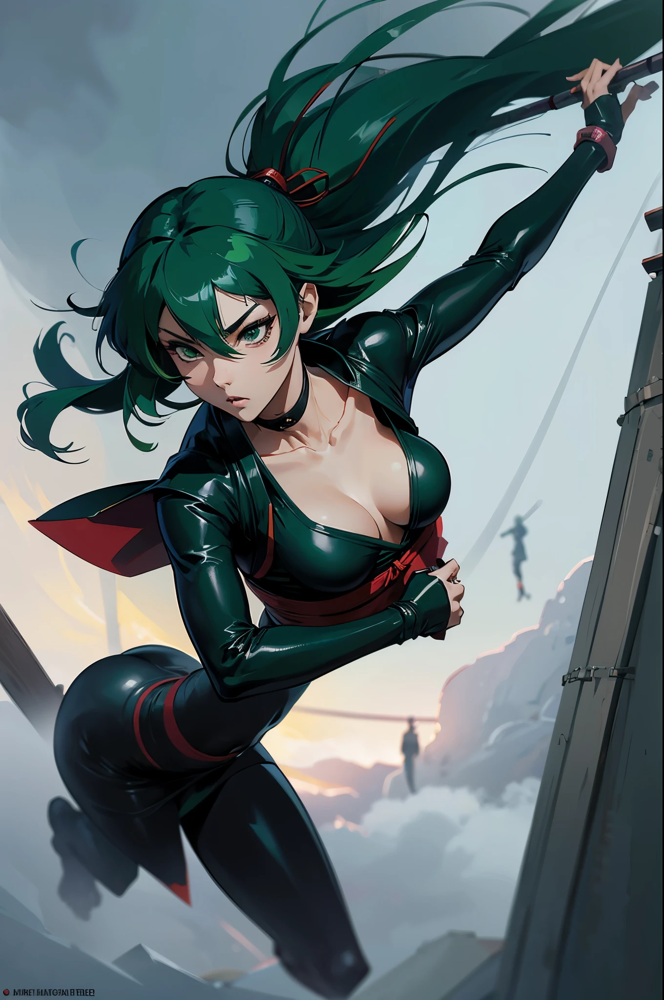 a sexy japanese woman wear ninja , ninja outfit, on a tower, fog, soft light, (best quality), (masterpiece), slim, long legs, (flat chested), anime, (green hair)