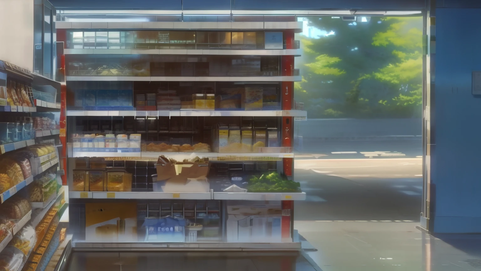 there is a display of food in a store with a blue door, convenience store, semi realism concept art, stacking supermarket shelves, style of makoto shinkai, in style of makoto shinkai, by Siona Shimshi, anime background art, semi realistic food picture