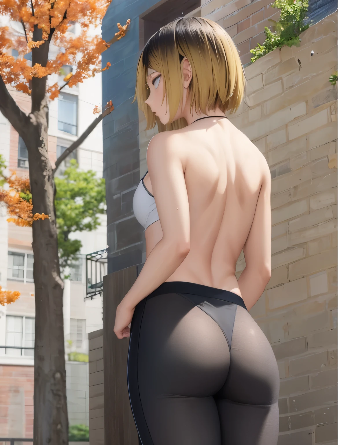 1boy, (Masterpiece, Top Quality, Best Quality), upper-body, blonde hair, black hair, multi-colored hair, очень Tall stature, Tall stature, forehead, toned abs, (white panties 1.1), solo, exterior, Park, blue skies, sakura trees, male focus, 8K,Taisho era, rear view, shows ass