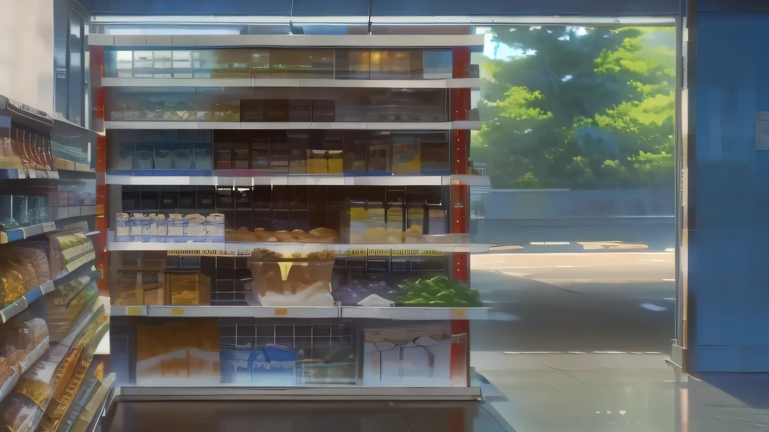 there is a display of food in a store with a blue door, convenience store, semi realism concept art, stacking supermarket shelves, style of makoto shinkai, in style of makoto shinkai, by Siona Shimshi, anime background art, semi realistic food picture