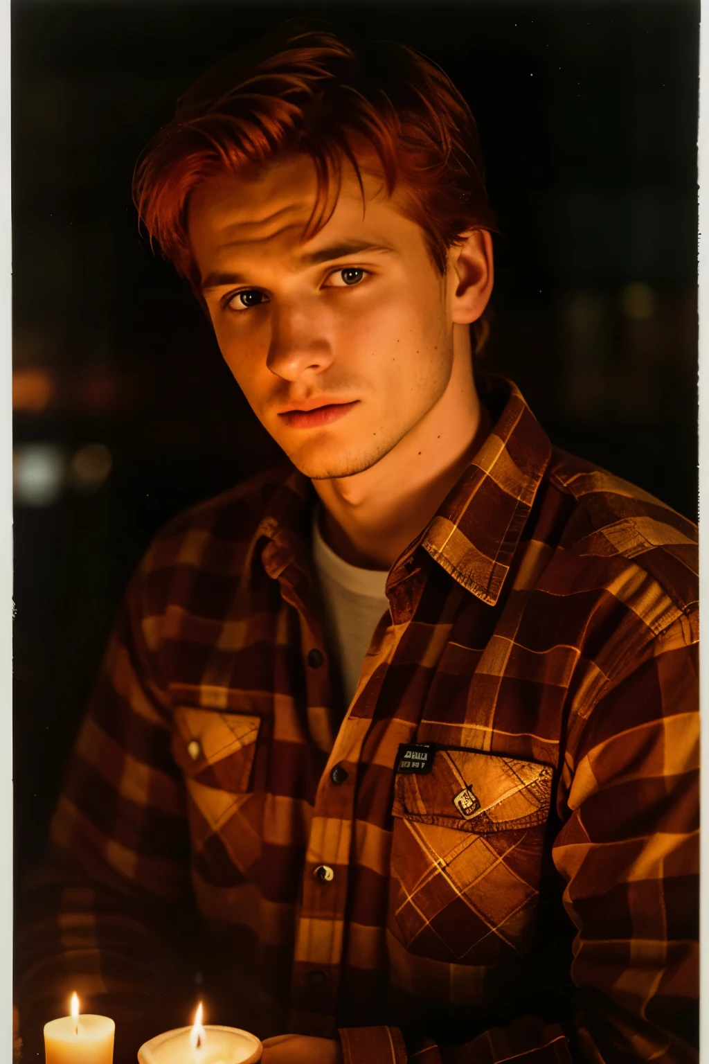 photograph of a man, (troubled facial expression), textured skin, goosebumps, red hair, plaid flannel shirt with distressed boyfriend jeans, cowboy shot, drink section at gas station, perfect eyes, (candlelight,chiaroscuro), Porta 160 color, shot on ARRI ALEXA 65, bokeh, sharp focus on subject, shot by Don McCullin