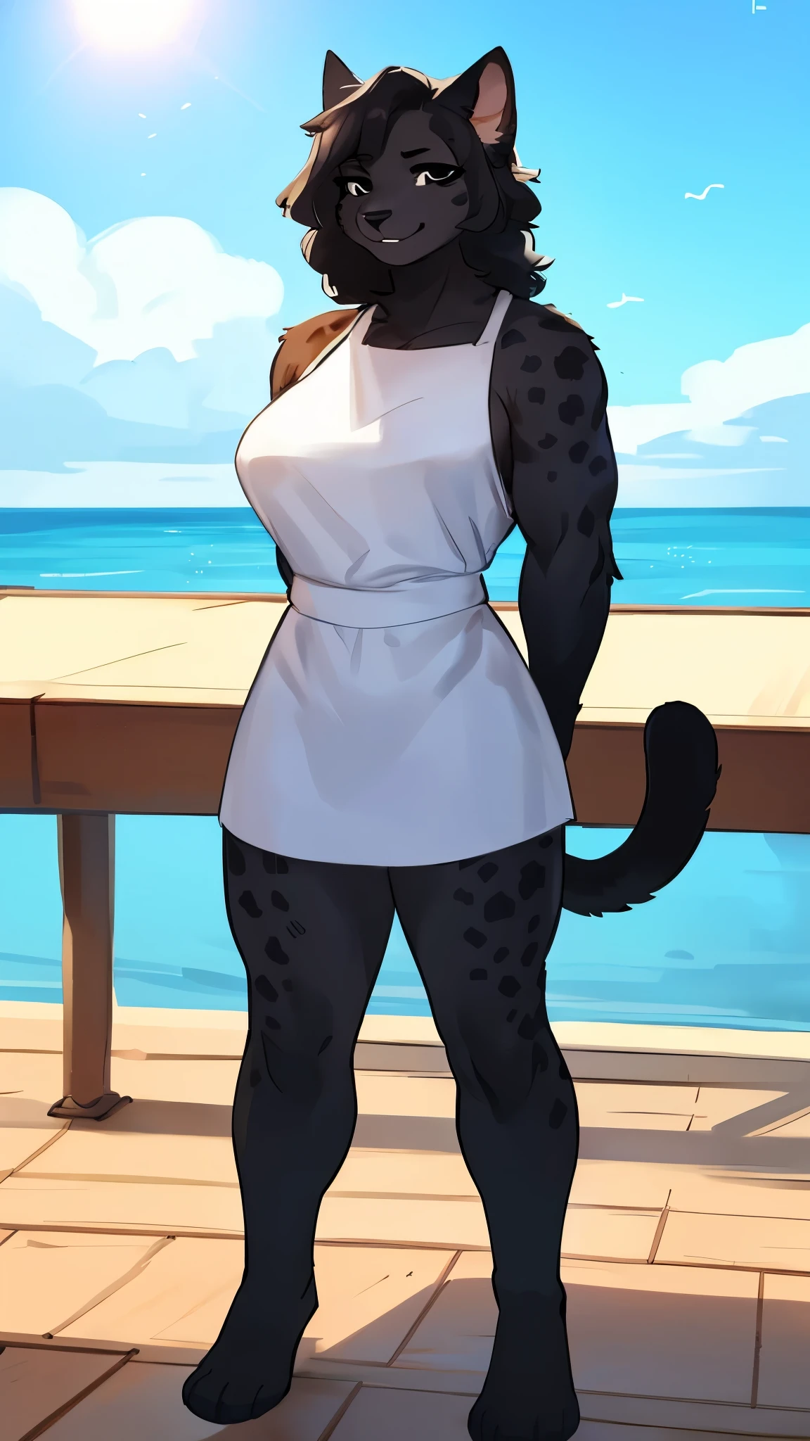 By bebebebebe, by lostgoose, by goonie-san, solo, standing, ((female)), feline, cat, spots, dark fur, ((hair, snout, detailed eyes)), tail, hands behind back, on the docks, oceanside, empty ocean, sunny day, clear sky, ((muscular)), smiling, happy, ((black mascara, black eyeliner)), adult, mature