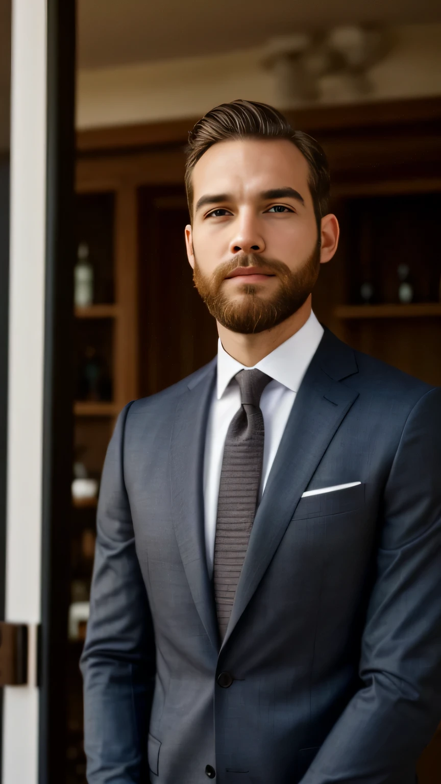 executivo de barba，cabelos pretos levemento grisalho,The beard is sparse and slightly white，Costeletas brancas, terno preto