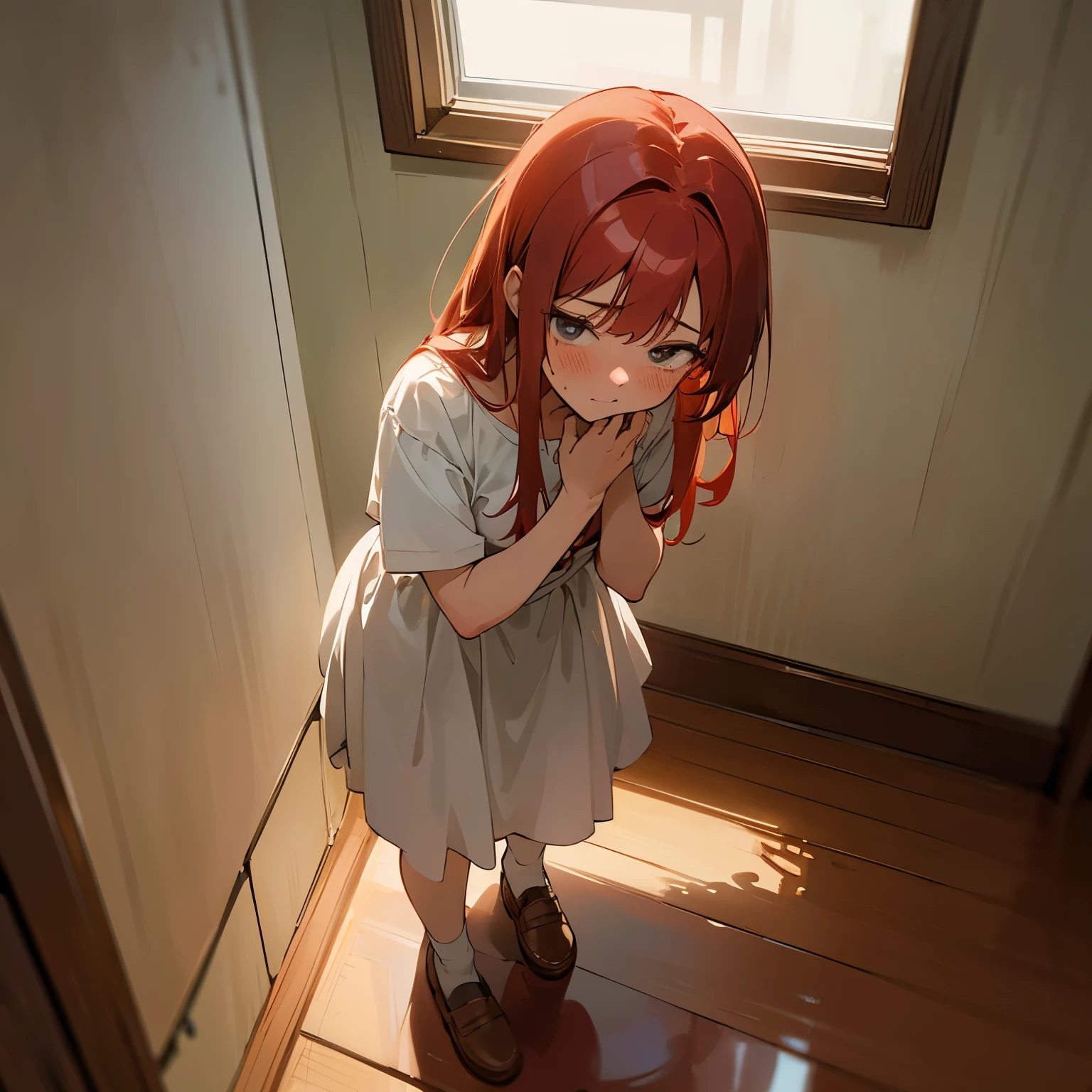 1girl with long hair and dress, 1 girl is taking to lavatory, looking away, standing, embarrassed, blush,Red hair and red eyes, Keep one's mouth shut, street (girl is peeing self:0.4) <lora:GoldenSide-v21-1-e32-T1_lora:1> <lora:haveToPeePose:1> <lora:shana1:1>