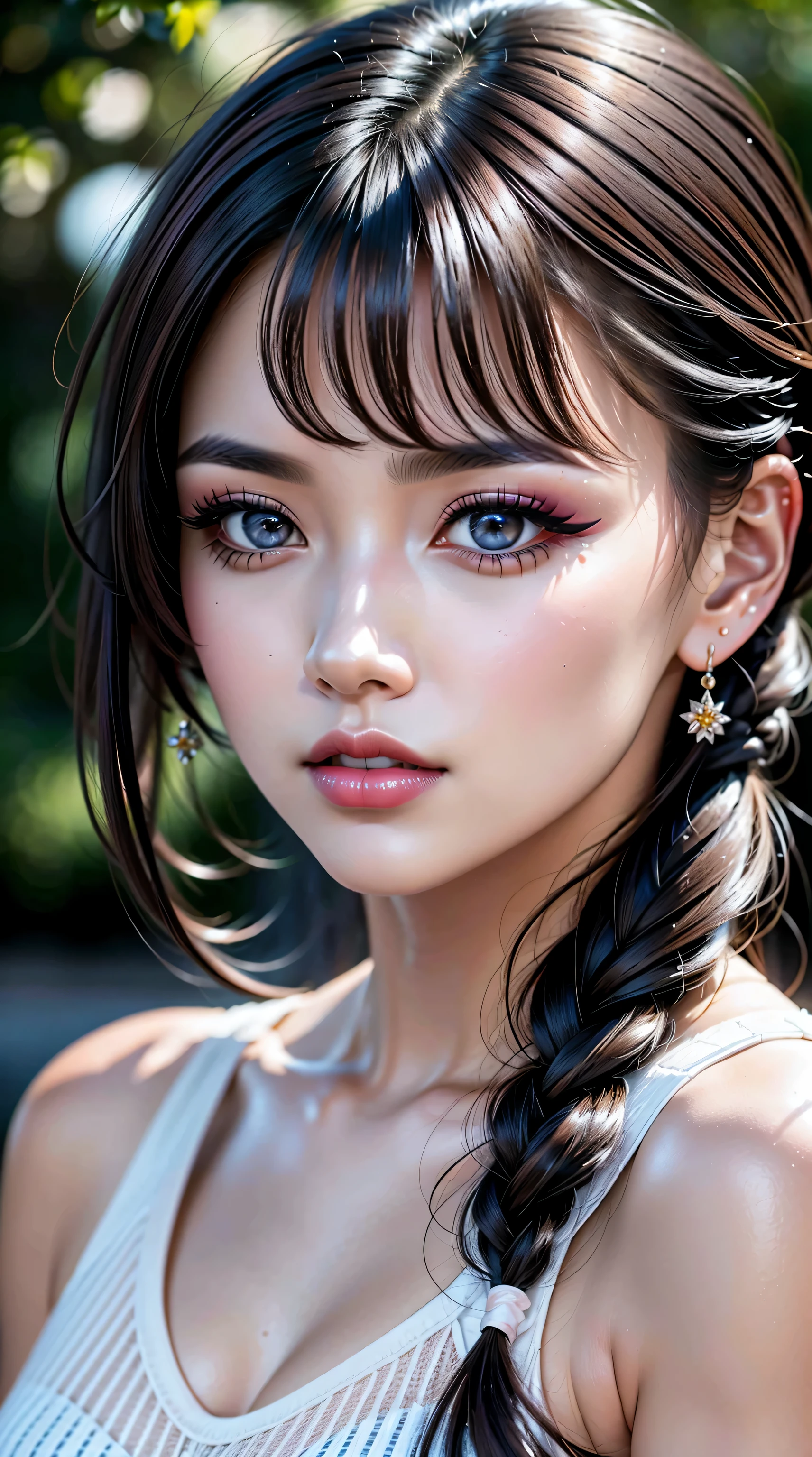 Divide Ratio : 1,1,1 Base Ratio : (a girl in a garden:1.2),(details of a very beautiful face)(best quality:1.4)16k resolution,(photo realistic:1.45), (realistic:1.45), 16k, HDR, (vivid colors), beautiful detailed lips, (red_lipstick:1.2), BREAK (Black hair twintail:1.2), sharp focus, physically-based rendering flowers in the background:1.3 soft sunlight, BREAK beautiful detailed eyes ((brown_eyes:1.2)) close up of a woman's eye with a digital rendering, BREAK (long blue_eyelashes:1.2), BREAK (pink_makeup:1.3), BREAK (white tanktop:1.3), 