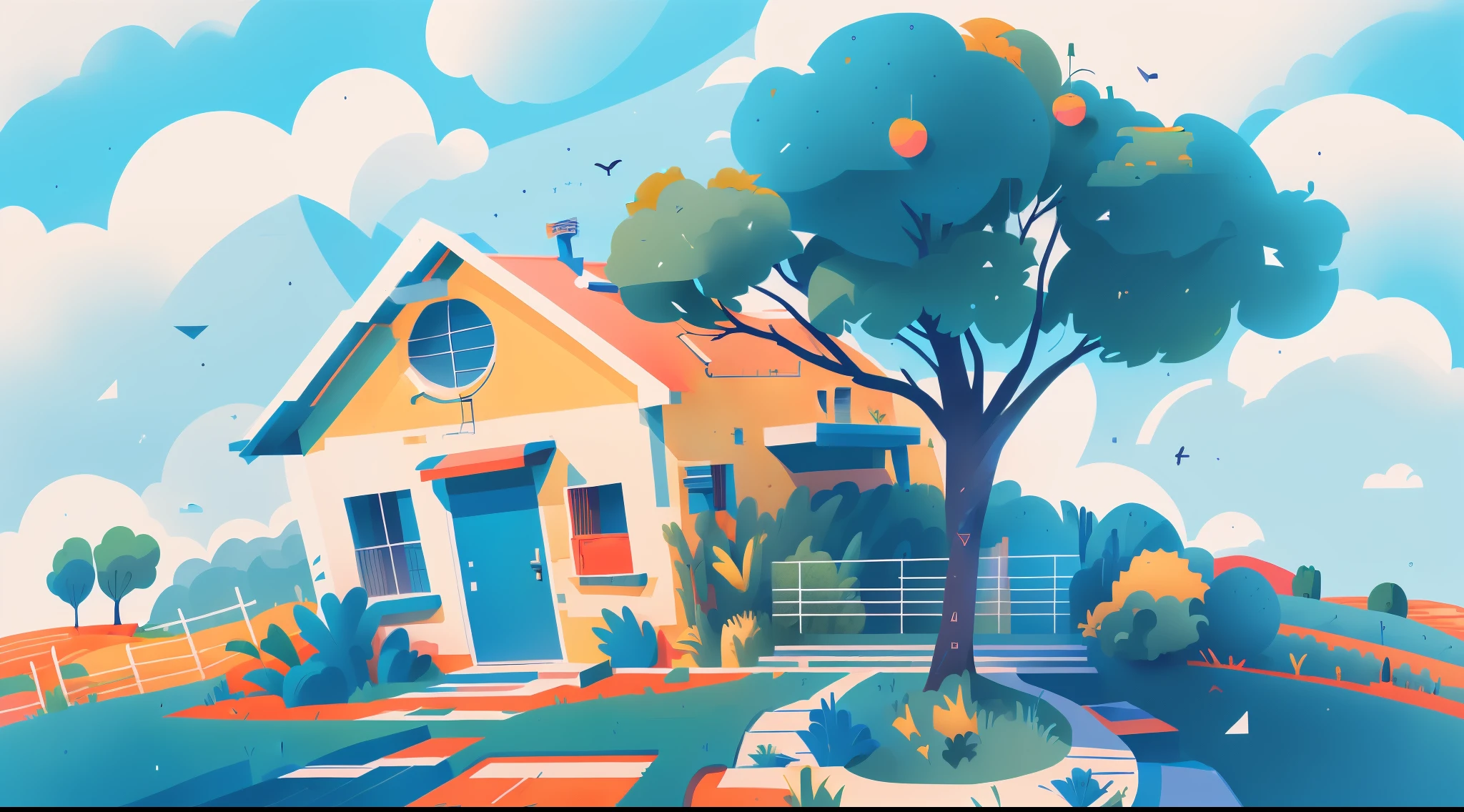 ambiente rural, granja, arbol de naranjas, estilo cartoon, fondo de video , balanced and vibrant colors cartoon landscape of a small town with a farm and a road, fondo de arte, anime campo landscape, ilustraciones de fondo, fondo de pueblo lejano, arte de fondo animado, Arte conceptual estilizado, 2D game environment design., paisaje animado, campo, campo city scene, arte conceptual del paisaje anime, arte del juego estilizado, enviromentart, fondo de la ciudad, pintado en estudio de pintor anime
