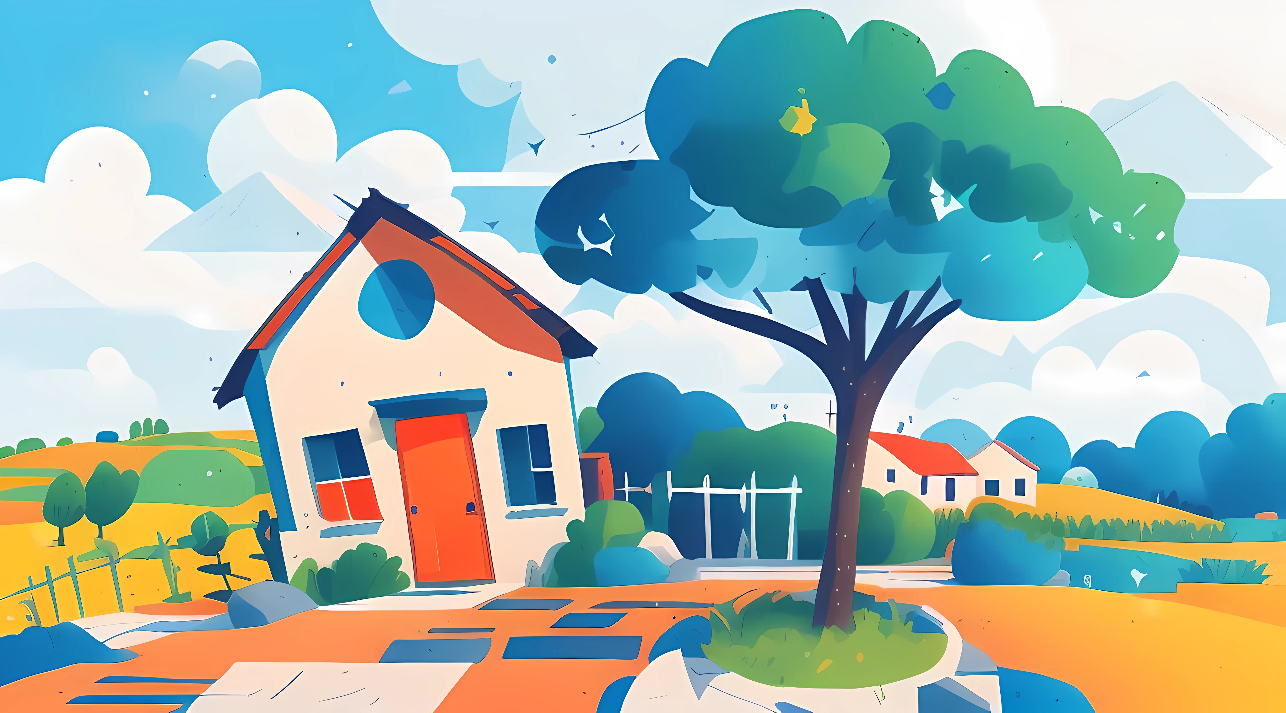 entorno rural, granja, arbol de naranjas, estilo cartoon, fondo de video , balanced and vibrant colors cartoon landscape of a small town with a farm and a road, fondo de arte, paisaje de campo anime, ilustraciones de fondo, fondo de pueblo lejano, arte de fondo animado, Arte conceptual estilizado, 2D game environment design.., paisaje animado, campo, escena de la ciudad de campo, arte conceptual del paisaje anime, arte del juego estilizado, enviromentart, fondo de la ciudad, pintado en estudio de pintor anime