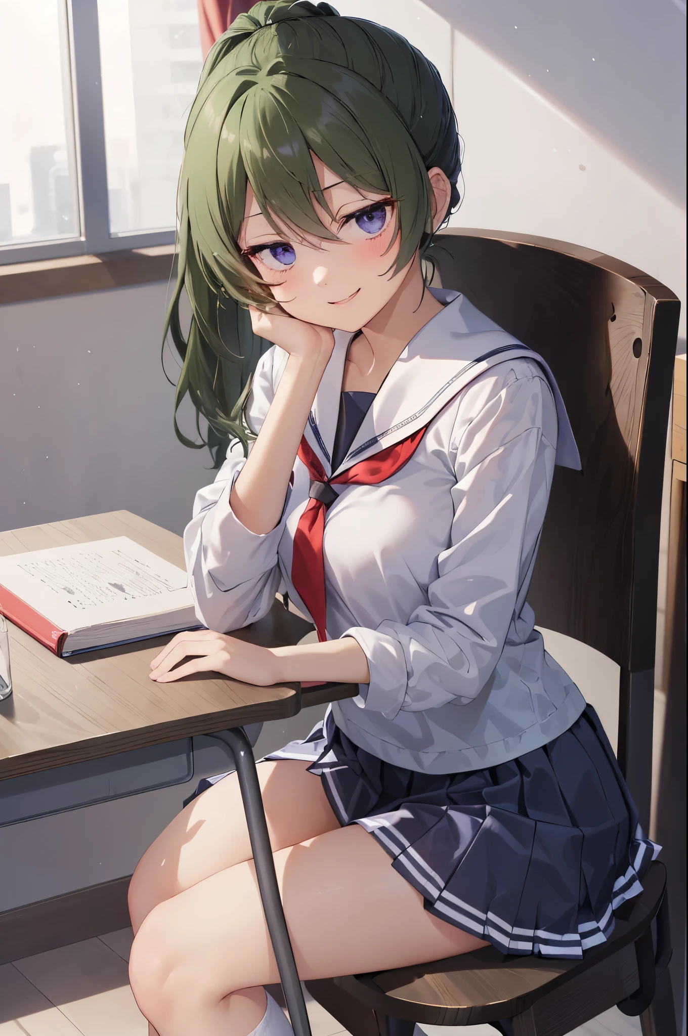 master piece, best quality, 8k, ultra high resolution, highest quality, anime style, best writing, beautiful face, 傑作
Face up, look at viewer, smile, blush, Yubel, long hair, Side ponytail
(White school uniform:1.3), (White sailor suit:1.3), (long sleeve:1.1), (red tie:1.3), (navy pleated skirt:1.3), (scrunchie on the arm:1.1)
classroom, School, sit on a chair, lean one&#39;s head on the desk