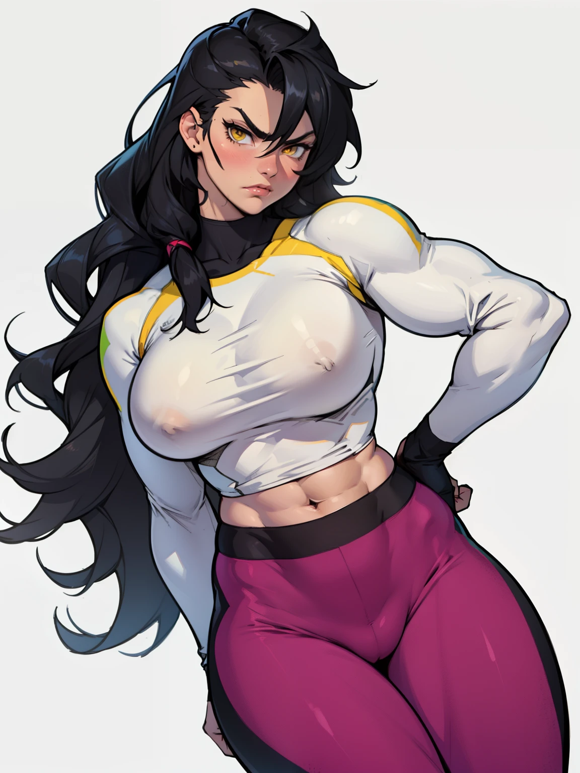 1girl solo black hair yellow eyes very long hair pale skin muscular muscular muscular muscular toned body huge muscles thick thighs girl tight clothes angry blushing morning hair leggings tight shirt long sleeves thick thick thick thick