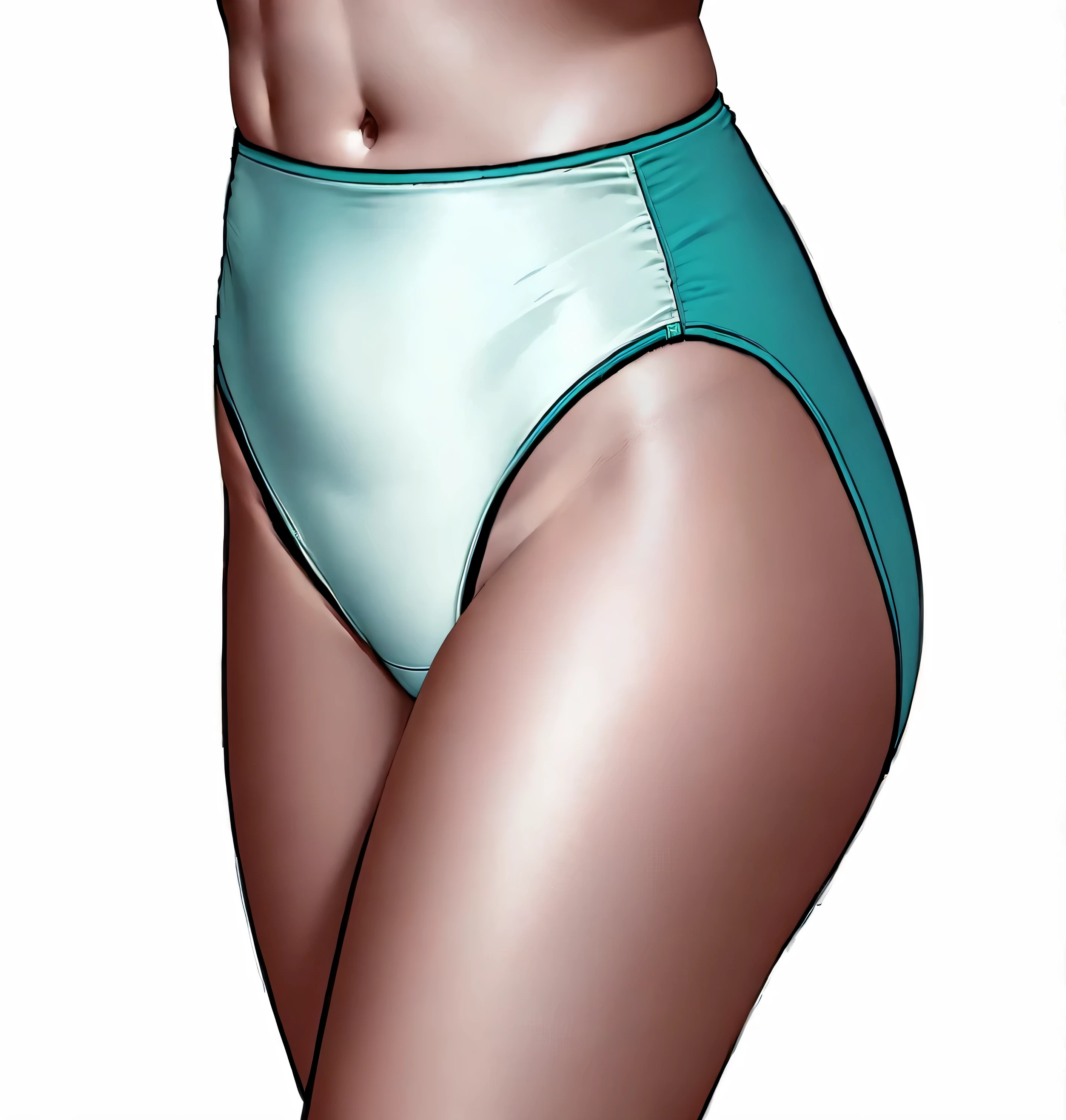 ((masterpiece, best quality)), ((29 year old)), (((Curvy))), ((Caucasian woman)), ((teal high cut panties)), (((Large Hips))), Cropped image, (((realistic art style)))