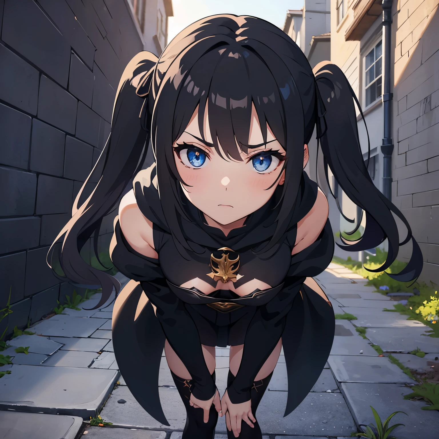 big masterpiece, best quality, extremely detailed CG, beautiful detailed eyes, ultra-detailed, intricate details:1.2), 8k wallpaper, elaborate features, glistening shiny, glowing light, ray tracing, HDR, deph of field, (perfect face), HD, perfect lighting, ((beautiful detailed eyelashes)), ((full body)), solo:1.5 (high-quality, breathtaking),(expressive eyes, perfect face) portrait, 1girl, female, solo, adult, age 20, Black hair, raven black hair, Dark black hair color, bright blue eye color, blue eyes, sky blue eye color, long hair length, looking at viewer, half body, calm expression, tsundere face expression, fantasy clothing, height 4"3, fantasy adventurer attire, rouge attire, thief profession, short height, black cloak, black jacket, black short sleeved shirt, long sleeved leather bracers, black shorts, silver trim, fantasy armor, shoulder pads, pigtails, long pigtails, pigtails hairstyle, very long hair, very long tiwntails hairstyle only, very long pigtail hairstyles, leather armor, light tanned skin, B cup breast size, curly hair, slightly narrow eyes, mature face, wearing fantasy themed clothes, wearing assassin clothes, wearing thief clothes, wearing black hooded cloak, hood down on cloak, black shorts, black knee high socks, black leather armor, boob window on chest, flipping a coin, leaning against a wall waiting, leaning against a wall flipping a coin, silver trim on fantasy clothes silver trim on clothes, glorious absolute territory, absolute territory, in an alley way, in a stone alley way, stone wall, fantasy stone alleyway, night time, moon over head, moonlight shining down