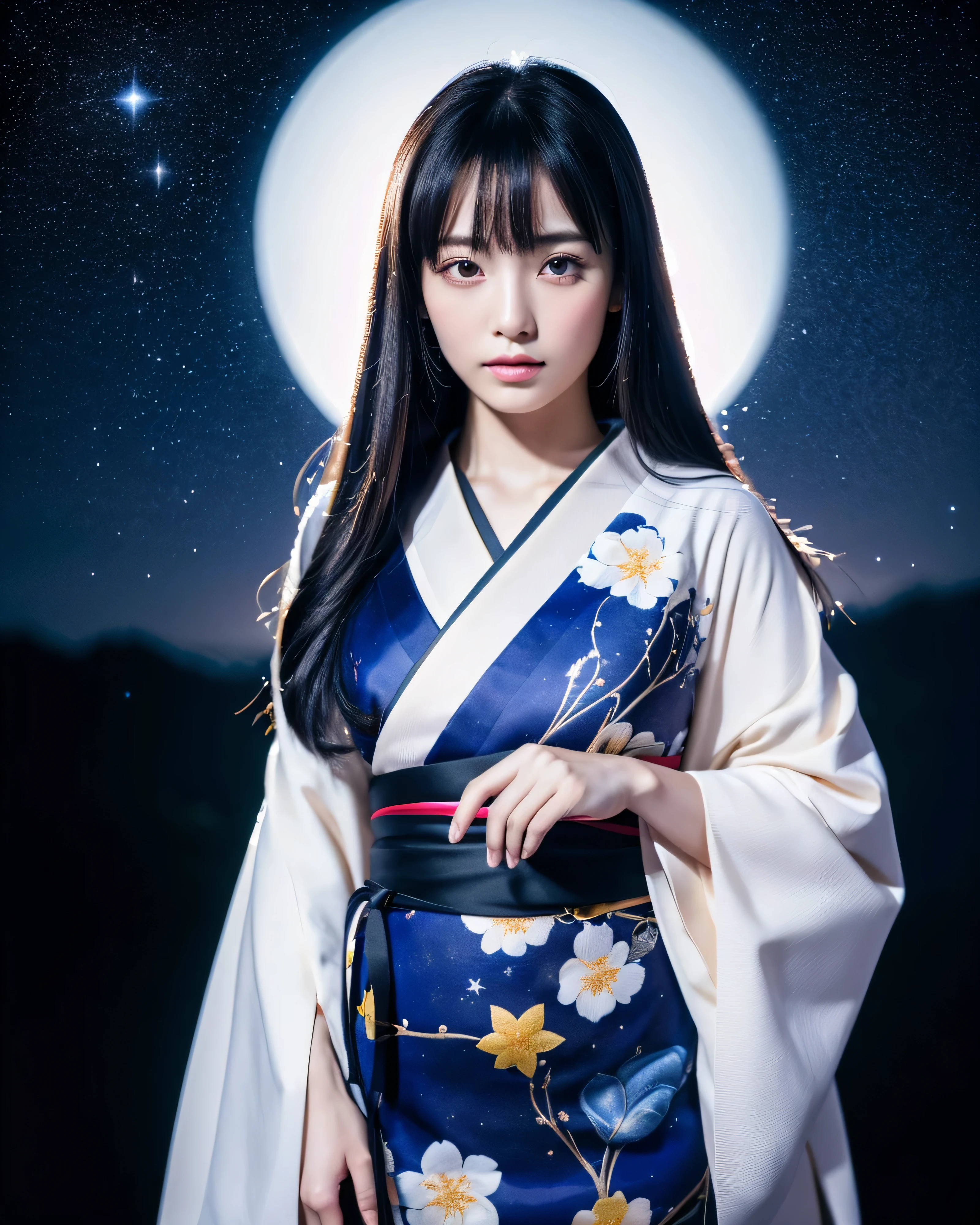 (highest quality, 8k, High resolution, masterpiece:1.5), beautiful japanese girl, perfect human anatomy, perfect hands, 19 years old, bright bright black hair, Straight super long hair, asymmetrical bangs, big magical eyes, High resolutionの潤んだ瞳, smooth soft skin, pale pink lips, natural makeup, Rin々new expression, Japanese traditional kimono, Luxury and bright kimono, (whole body:1.3), , ((midnight)), High resolutionの巨大な満月, ((starry skies)), professional lighting, professional photographer, mysterious