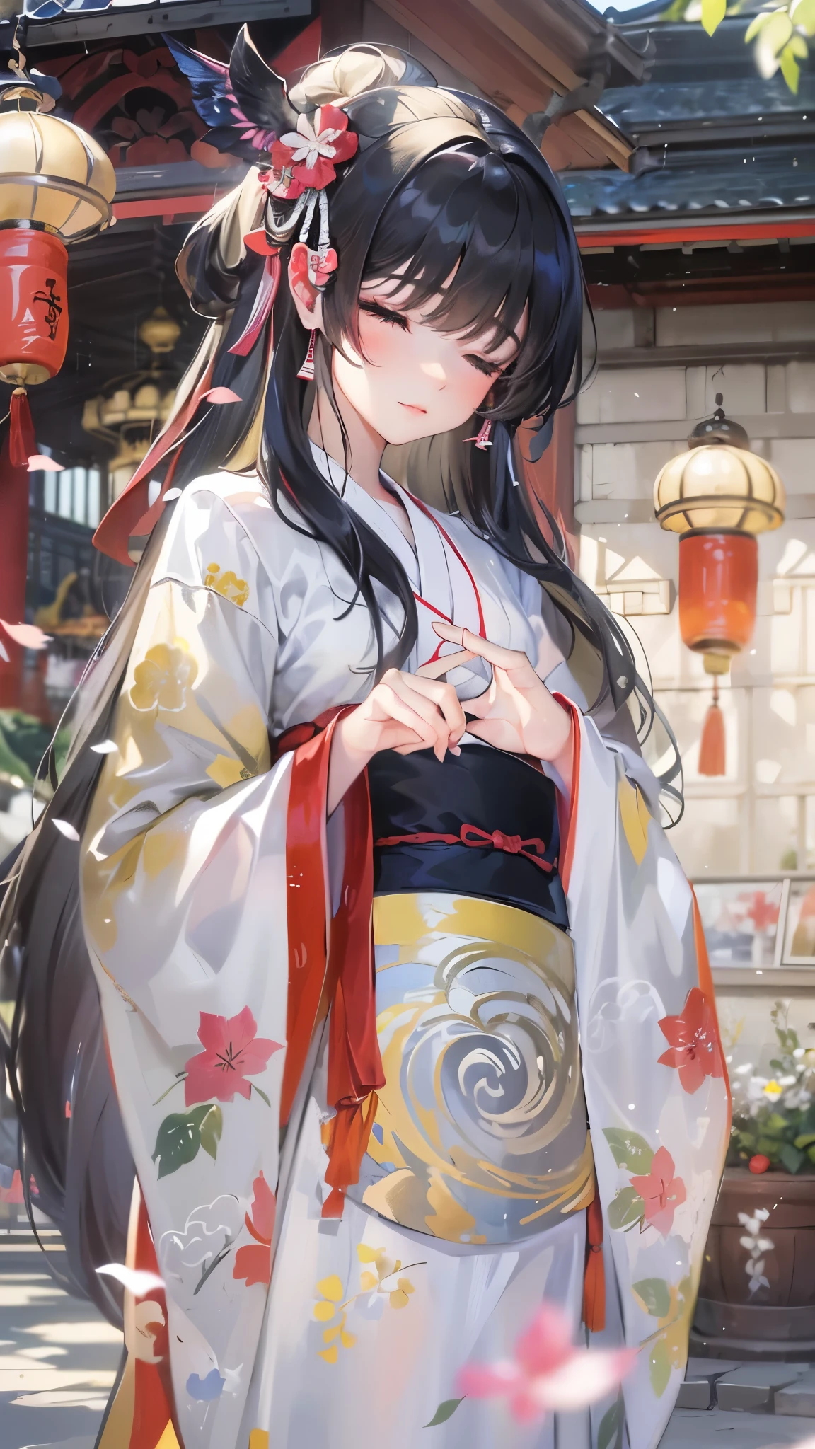 (perfect anatomy, masterpiece:1.2, best quality, 8k, beautiful detailed grow, daydreaming expression), (solo:1.2 blunt:1.1 bangs black hair long hair beautiful divine girl, 14 yo, detailed closed eyes), (in a divine shrine maiden costumebreak), break, background Dazaifu Tenmangu.