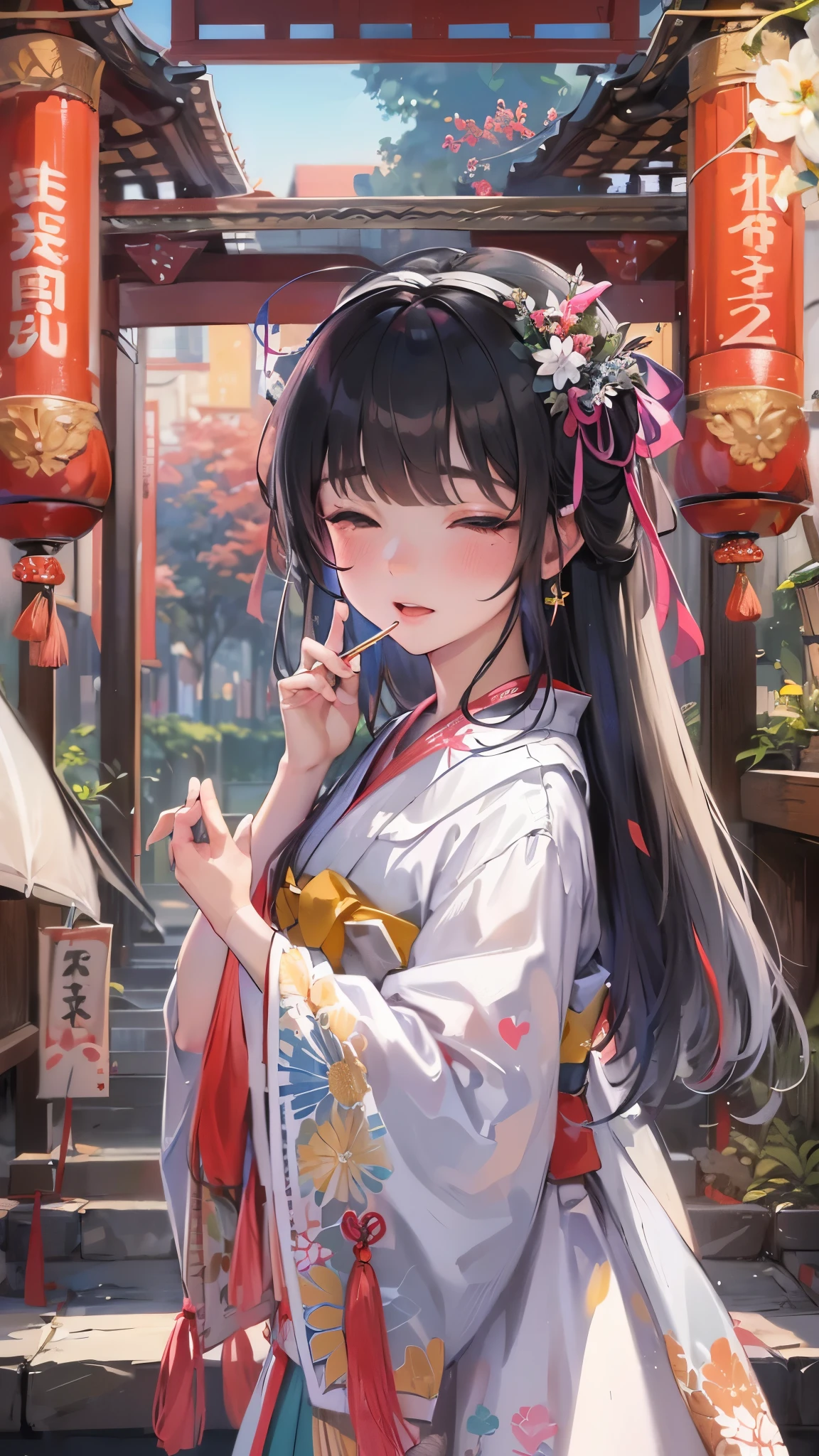 (perfect anatomy, masterpiece:1.2, best quality, 8k, beautiful detailed grow, daydreaming expression), (solo:1.2 blunt:1.1 bangs black hair long hair beautiful divine girl, 14 yo, detailed closed eyes), (in a divine shrine maiden costumebreak), break, background Dazaifu Tenmangu.