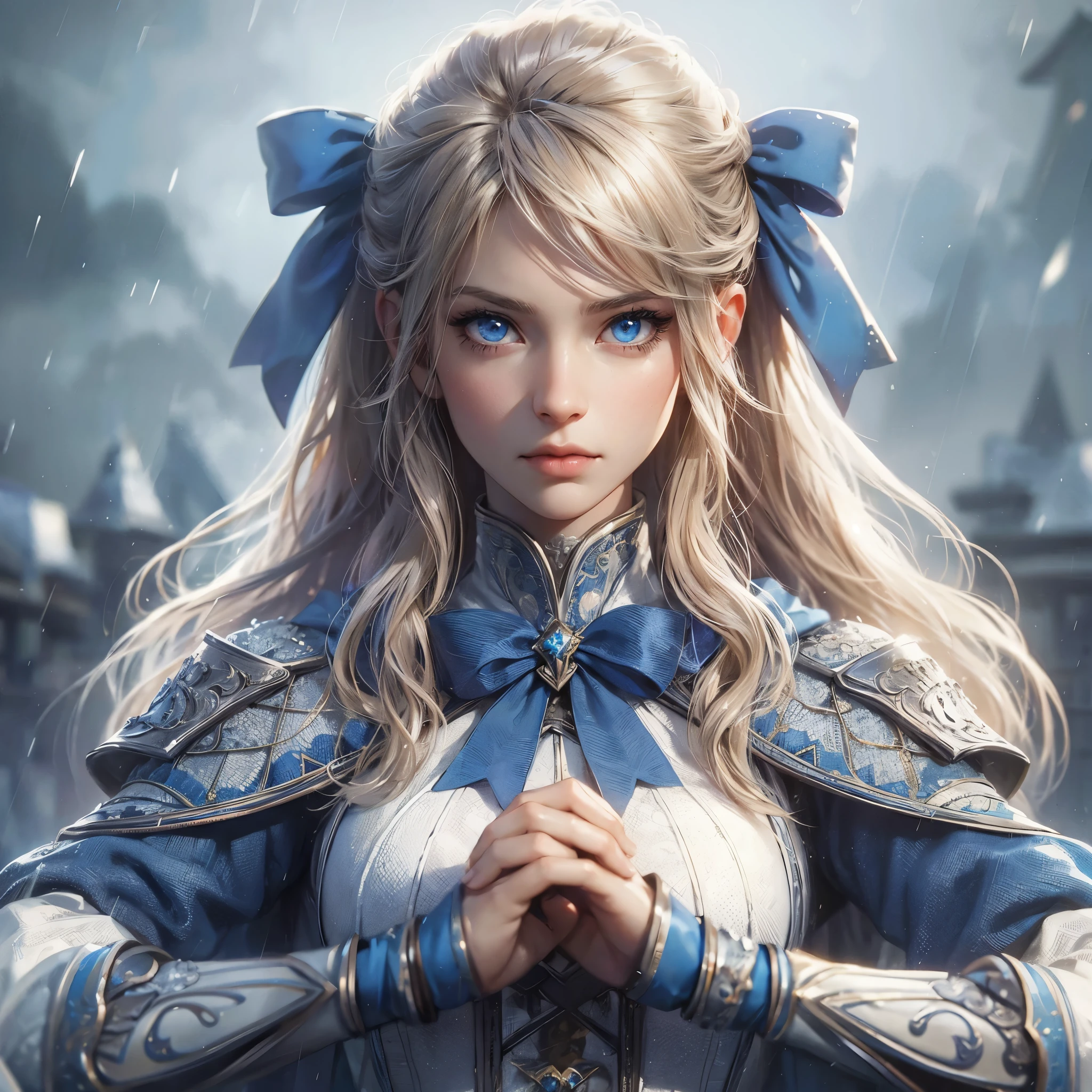 an animated fantasy novel style of a character portrait. Animated. She is 25 years young. She has blonde long hair tied with a blue bow. She is pretty with blue eyes. She is wearing a blue and white medieval feminine fantasy warrior gear. She is noble, beautiful and has a angry face. Water powers. Folding hands pose. Stomach Length picture. Brow raised. Full far Length portrait. Rainy dystopian background. Dark tragic theme.