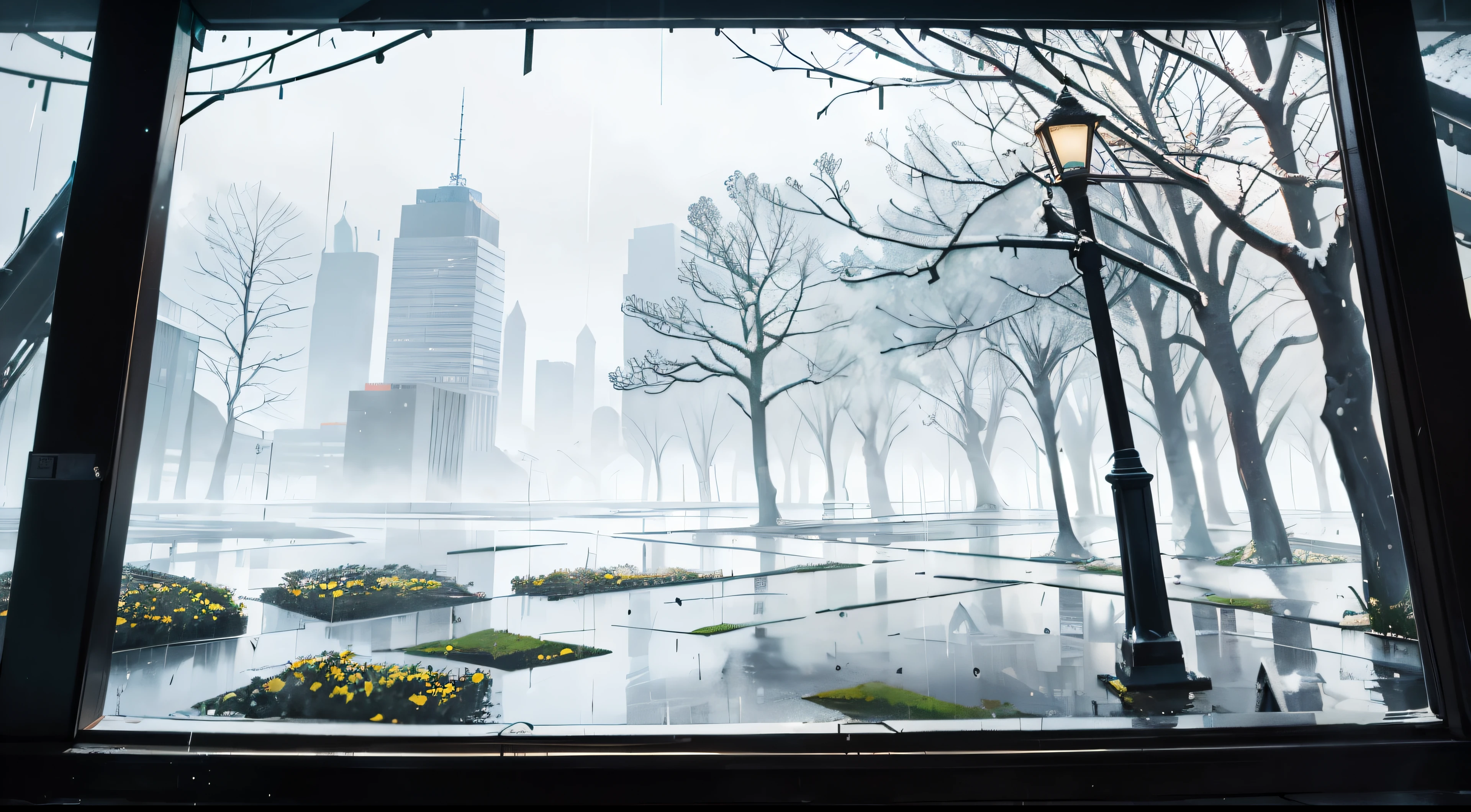 Landscape, [snow forest : city: 15], [raining, rain, raindrops | snowing, snowdrops], viewed from front