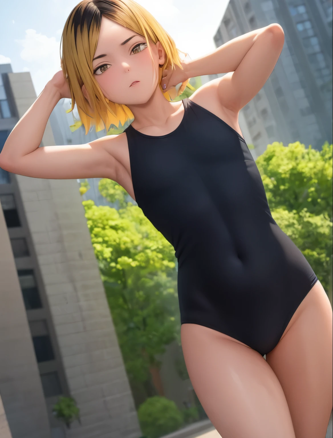 1boy, (Masterpiece, Top Quality, Best Quality), upper-body, blonde hair, black hair, multi-colored hair, очень Tall stature, Tall stature, forehead, toned abs, (Swimsuit 1.1), solo, exterior, Park, blue skies, sakura trees, male focus, 8K,Taisho era, rear view, shows a