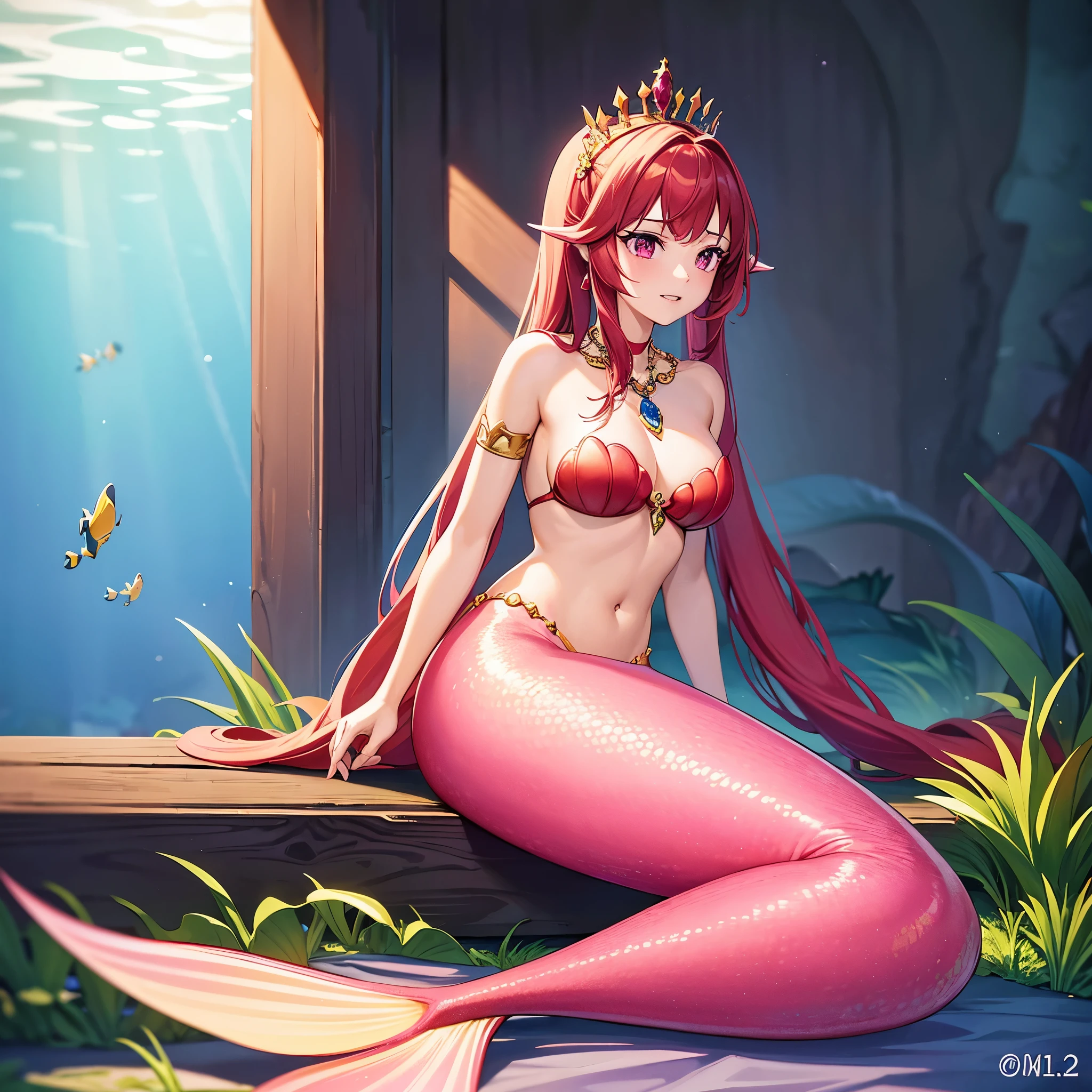 The prompt for the given theme is: "A pretty 15-year-old princess magically transformed into a beautiful mermaid, with a race swap. The lower half of her body has a fish-like appearance, including a long red mermaid tail below her waistline. She also have dorsal and pelvic fins. Her teeth became sharper and her ears looks like fish fins. The artwork should be drawn in an anime style, with the princess having very long pigtails of red hair. She also have pink eyes. There’s a pair of fish gills on her torso. Best quality, 4k, highres, masterpiece:1.2, ultra-detailed, realistic:1.37 Medium: Anime, Additional details: Sparkling ocean waves, colorful coral reefs, a golden tiara adorning the princess's head, red scales shimmering under sunlight, a bra made of two clamshells, pearl necklaces and bracelets, swimming with a joyful expression, underwater world, ocean depths, a mesmerizing underwater castle in the background. Artistic style: Fantasy, anime-Art, Portraits Color palette: Vibrant and iridescent colors, with shades of red, green, and pink. Lighting: Soft and gentle underwater illumination, creating a magical and ethereal ambiance." Please make sure to adhere to the prompt format and include at least 5 detailed elements related to the theme.