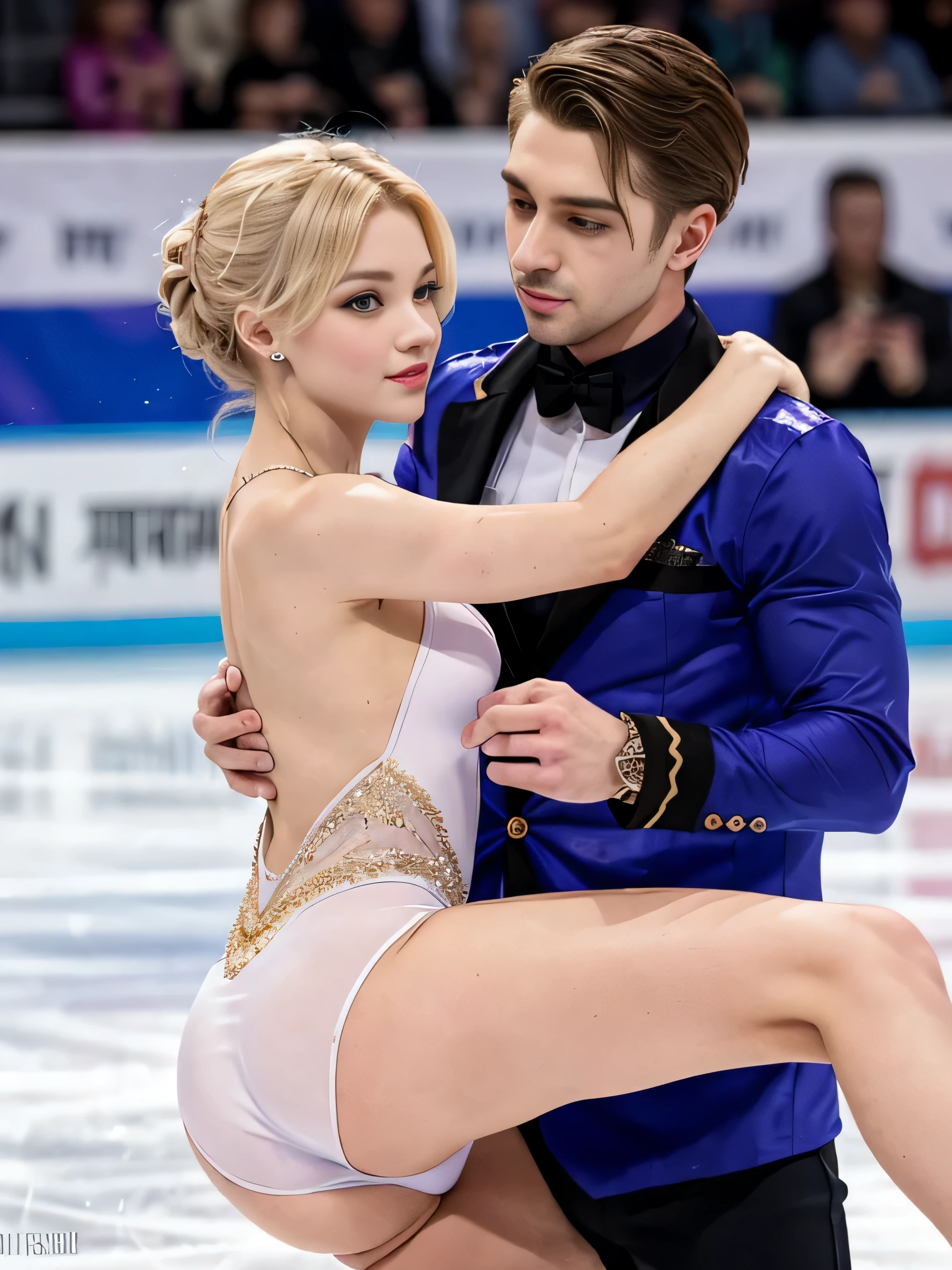 1 female、1 male、(Men are clothed:1.7)、(Russia:1.5)、world skating championship、two people dancing ice dance、(Just the two of us on the ice)、(super beautiful)、(beautiful face:1.5)、detailed face、barefoot、purple costume、(white panties)、(At SFW)