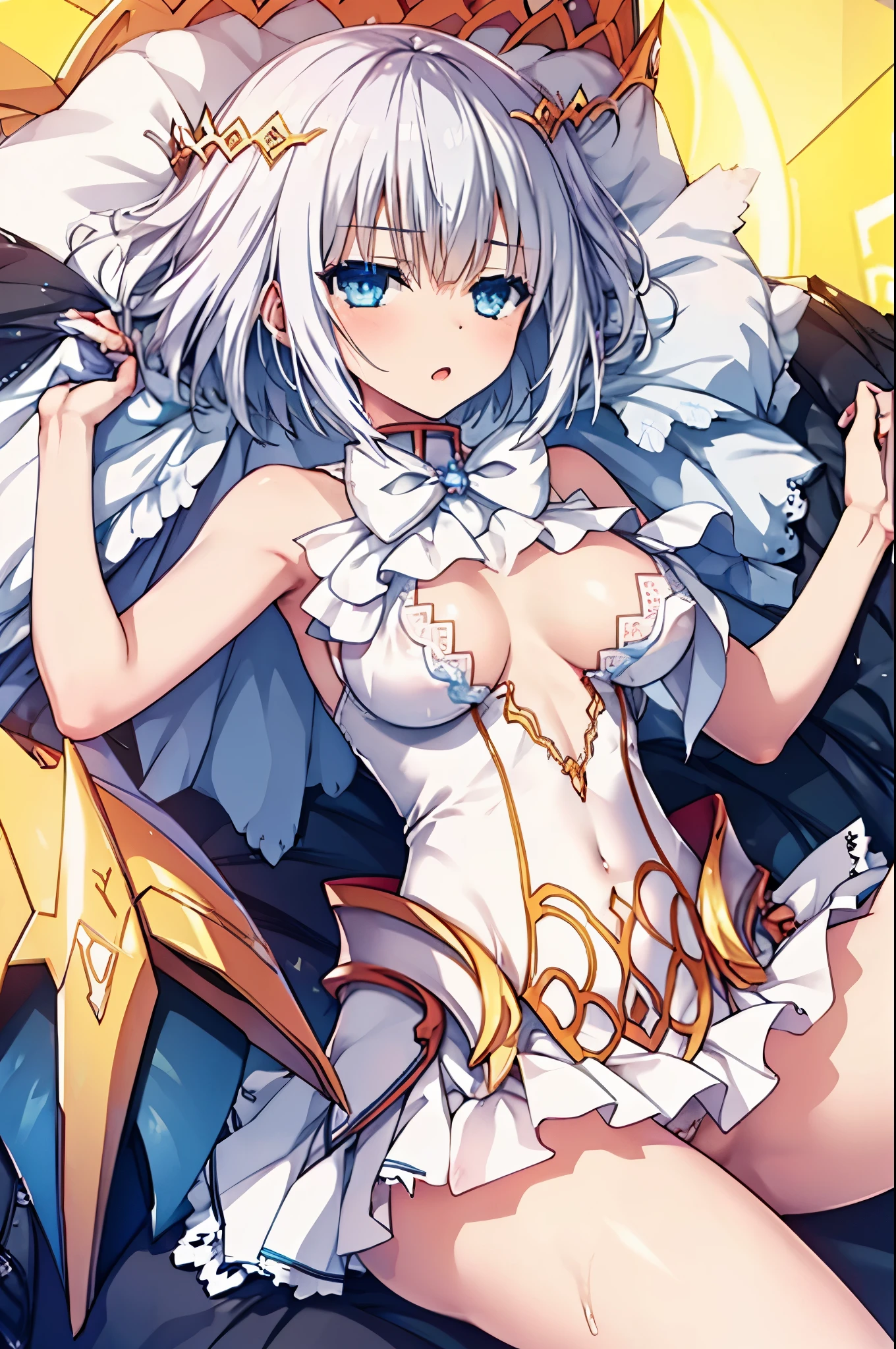 nsfw,((one man and one woman,having sex)),lying down,lift both legs,bare chest,vaginal penis,,tobiichi origami angel,short hair,white hair,transparent lace,white skirt,fascinating thighs,Ahegao,simple background,Highest image quality,masterpiece