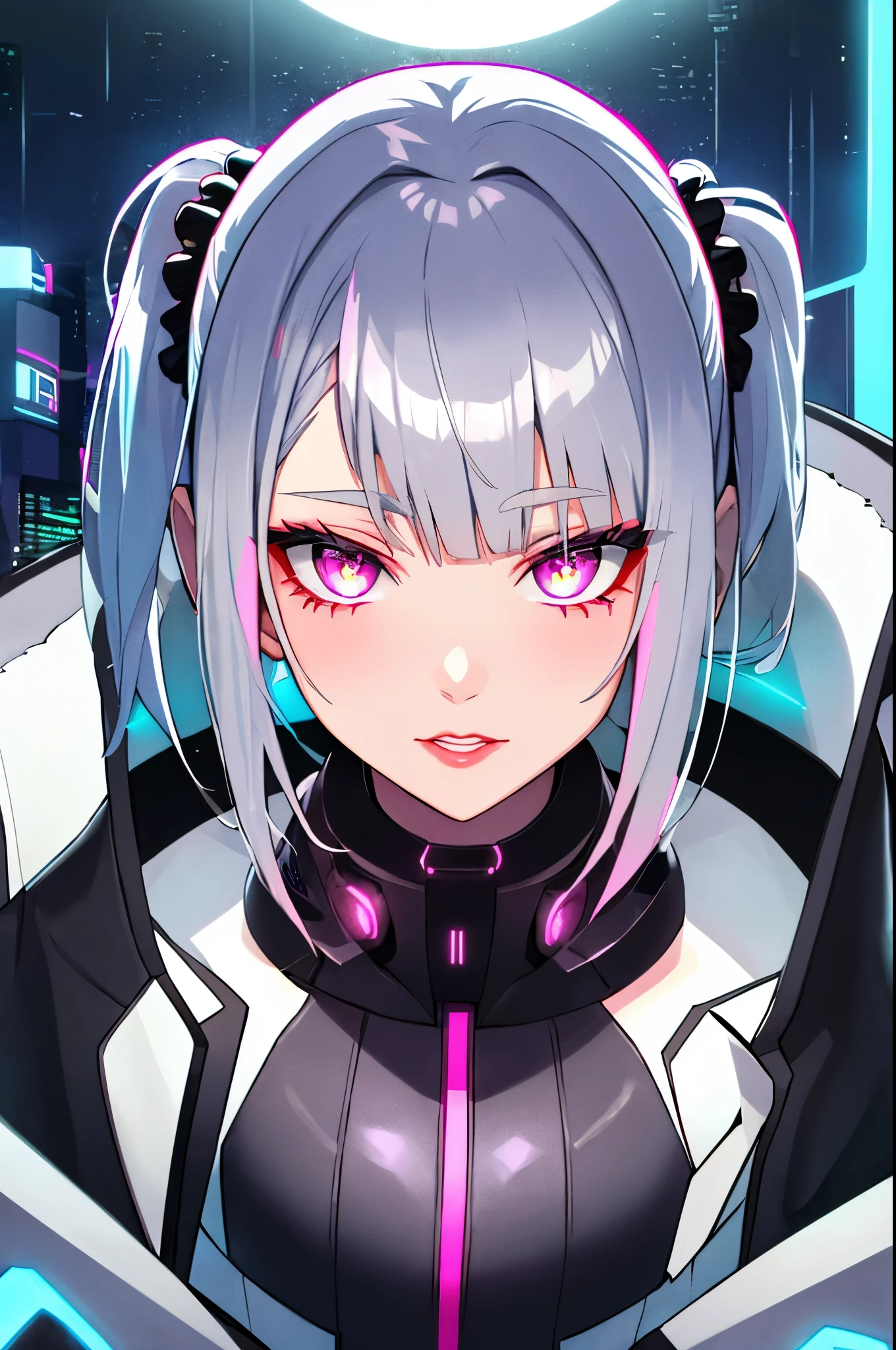 Lucy \(cyber punk\), 1 girl,  hair scrunchie, princess cut, silver hair, colored tips, full moon, gray eyes, Jacket, long sleeve, looking at the viewer, medium hair, colorful hair, parted bangs, parted lips, pink hair, portrait, red eyeliner, red lips, alone, white Jacket, cyber punk \(series\), rainy night in a cyber punk city with glowing neon lights

 