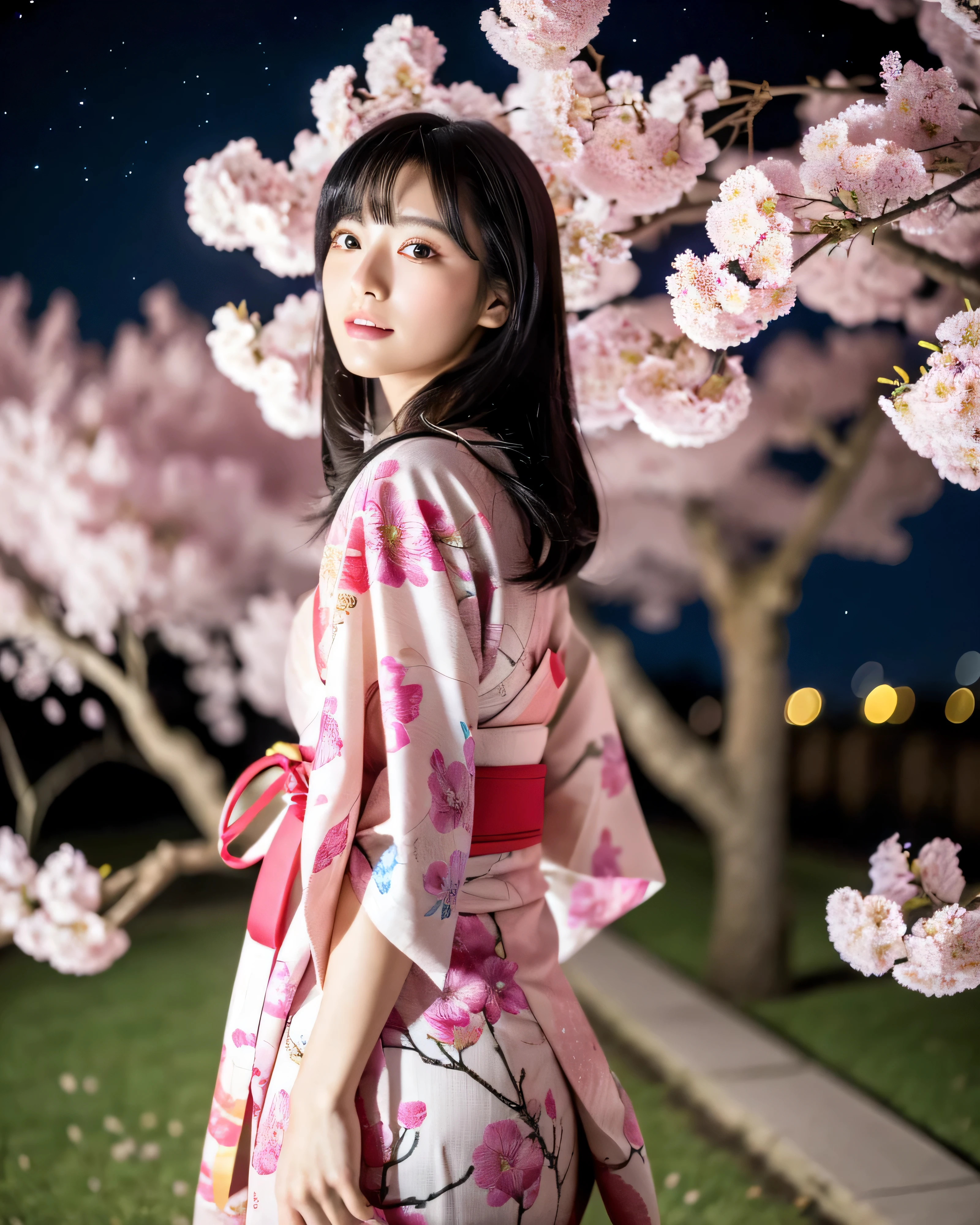 (highest quality, 8k, High resolution, masterpiece:1.5), beautiful japanese girl, perfect human anatomy, perfect hands, 19 years old, bright bright black hair, Straight super long hair, asymmetrical bangs, big magical eyes, High resolutionの潤んだ瞳, smooth soft skin, pale pink lips, natural makeup, Rin々new expression, Japanese traditional kimono, Luxury and bright kimono, (whole body:1.3), , ((midnight)), Cherry blossom trees, High resolutionの巨大な満月, ((starry skies)), professional lighting, professional photographer, mysterious