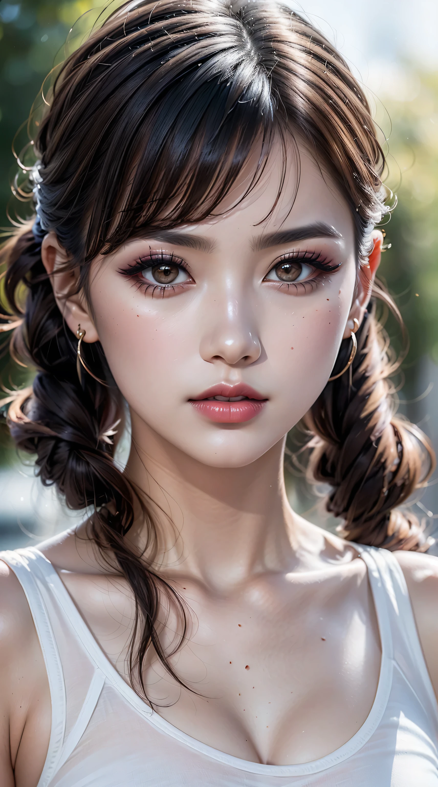 (a girl in a garden:1.2),(details of a very beautiful face)(best quality:1.4)16k resolution,(photo realistic:1.45), (realistic:1.45), 16k, HDR, (vivid colors), beautiful detailed lips, (red_lipstick:1.2), BREAK (Black hair twintail:1.2), sharp focus, physically-based rendering flowers in the background:1.2 soft sunlight, BREAK beautiful detailed eyes ((brown_eyes:1.2)) close up of a woman's eye with a digital rendering, BREAK (long blue_eyelashes:1.1), BREAK (pink_makeup:1.2), BREAK (white tanktop:1.3), 