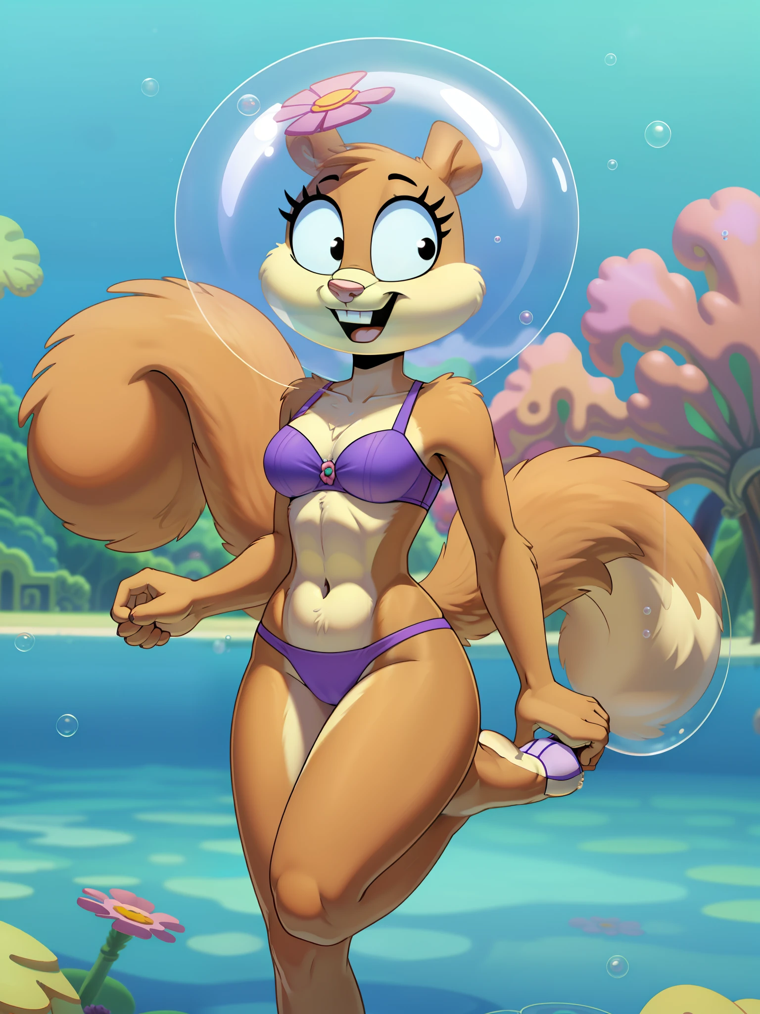 Best quality, Masterpiece:1), solo, fluffy female with sandy cheeks, Squirrel Girl, full length, очень slim, god, thin thighs, Slim body, athletic body, Very narrow hips, open mouth, smile, bubble helmet, flower on the helmet, bare teeth, runs, on the run, blurred background, поза on the run, gym clothes, serious face, Small thighs, slim, Black eyes, Under the water, Bubbles, (blue sky, coral clouds in the background:1.1), purple bra, purple panties, underwear, spongebob in the background