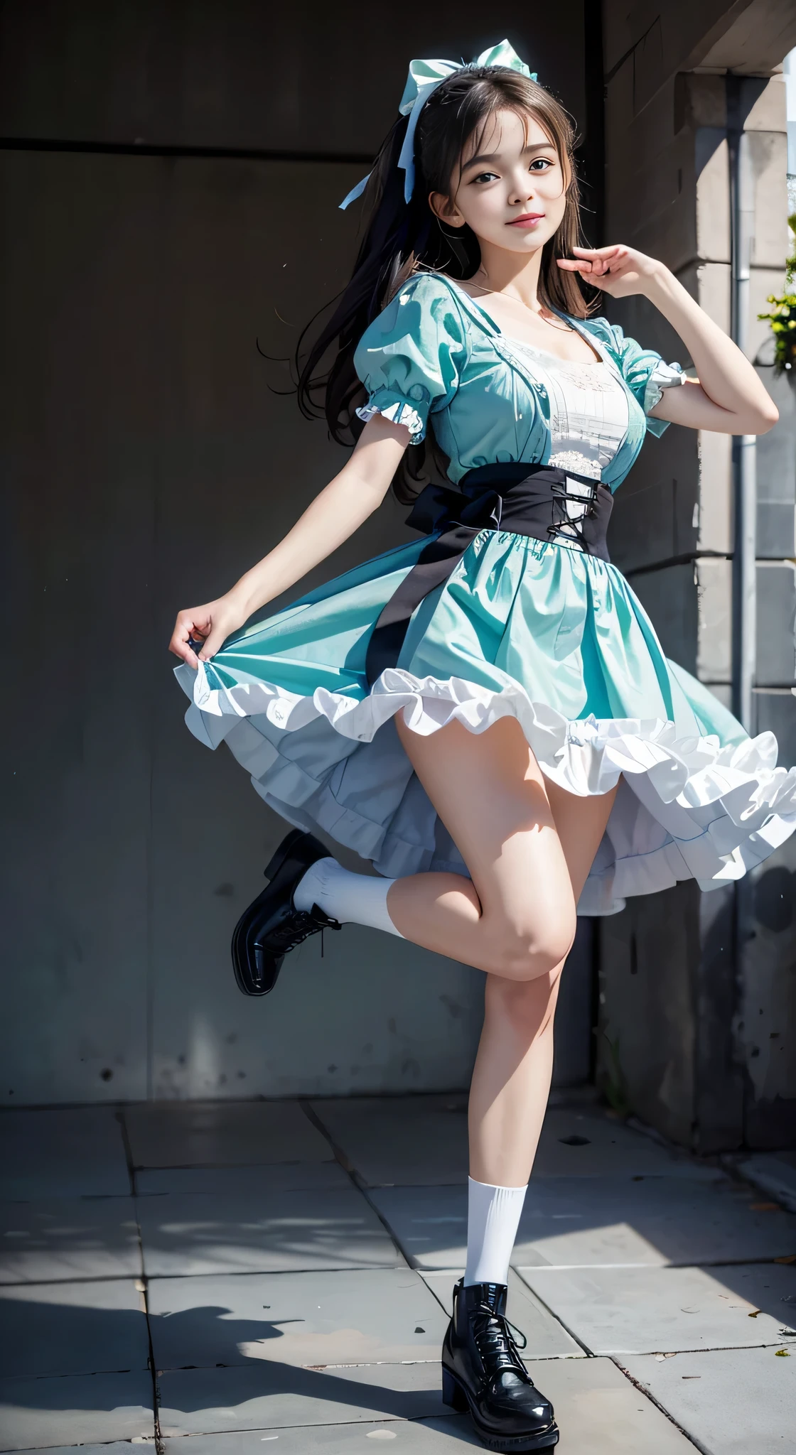 {highest quality}, {masterpiece, 超A high resolution}, (Photoreal:1.4), {{RAW photo}}, {{{A 16-year-old ta-like woman poses with her skirt pulled up and one leg raised...:smile:detailed eye:green}}, , {Alice Blue Dress, White socks and black shoes}, white background