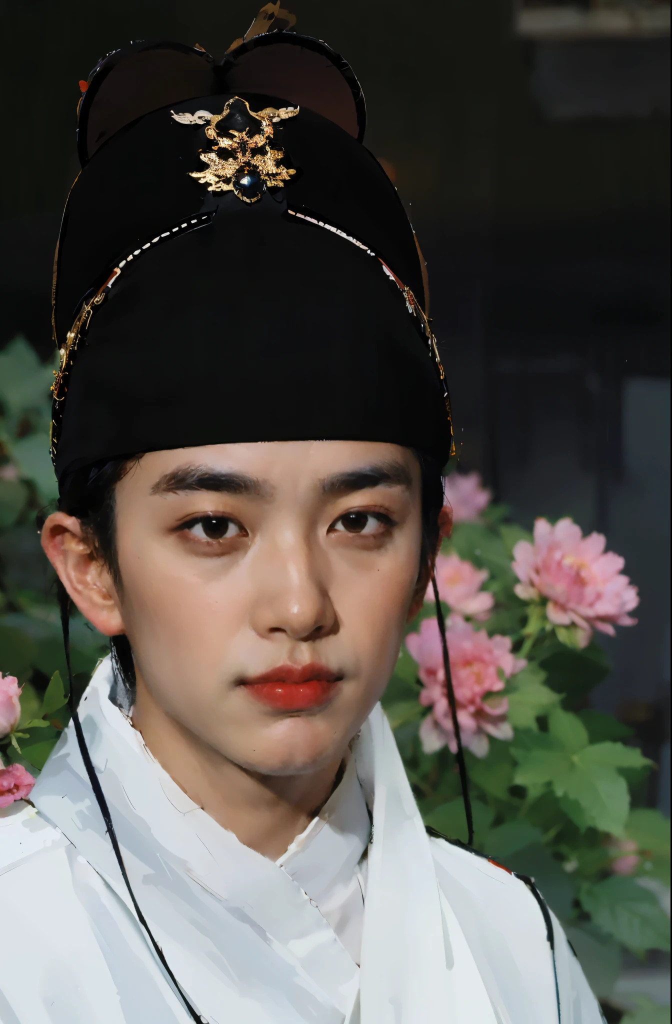 best quality,masterpiece,(painting:1.5),An ancient boy from the Ming Dynasty of China,Boy wearing light-colored Hanfu,在Peony丛中的美男子,Simple and cute boy,Peony,Peony从,ancient chinese architecture,Wooden construction,ancient chinese architecture风格,Gentle boy,asian boy,wearing a hat, The appearance of ancient Chinese scholars,ancient chinese architecture,Wooden construction,ancient chinese architecture风格,traditional clothing, traditional clothing, Hanbok, noble clothing, korean Hanbok, aristocratic appearance, Korean male, Wear period-appropriate clothing, classical robe, precise, Wearing noble robes, Wearing ancient Chinese clothing,Light green Hanfu,white hanfu,Handsome man,young man,(a detailed painting:0.353),(文艺复兴古典painting风格:0.8)