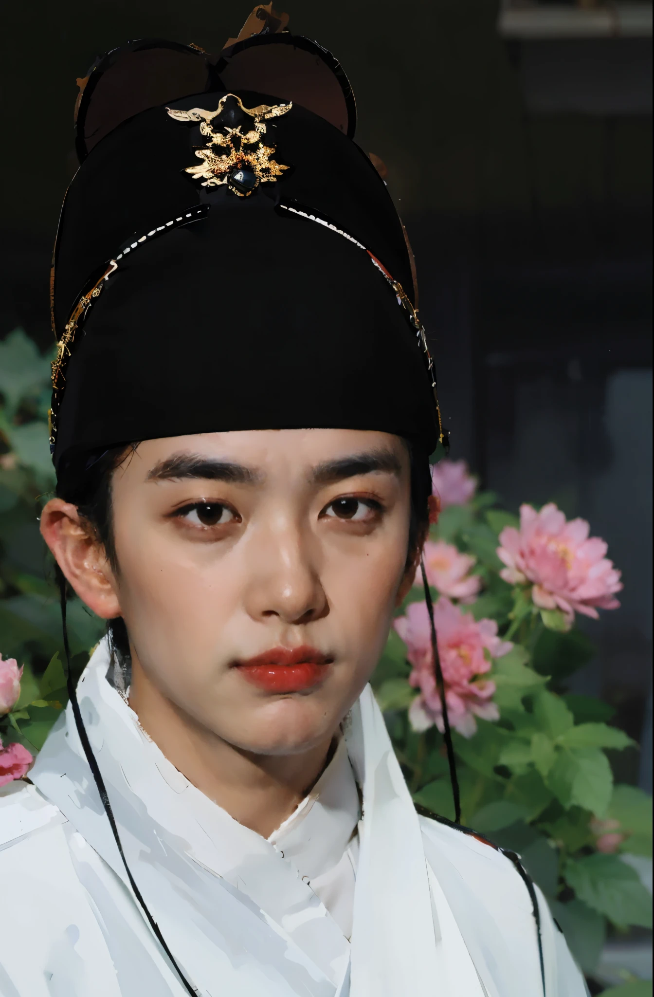 best quality，masterpiece，（painting：1.5），An ancient boy from the Ming Dynasty of China，Boy wearing light-colored Hanfu，在Peony丛中的美男子，Simple and cute boy，Peony，Peony从，ancient chinese architecture，Wooden construction，ancient chinese architecture风格，Gentle boy，asian boy，wearing a hat， The appearance of ancient Chinese scholars，ancient chinese architecture，Wooden construction，ancient chinese architecture风格，traditional clothing, traditional clothing, Hanbok, noble clothing, korean Hanbok, aristocratic appearance, Korean male, Wear period-appropriate clothing, classical robe, precise, Wearing noble robes, Wearing ancient Chinese clothing，Light green Hanfu，white hanfu，Handsome man，young man，（a detailed painting：0.353），（文艺复兴古典painting风格：0.8）