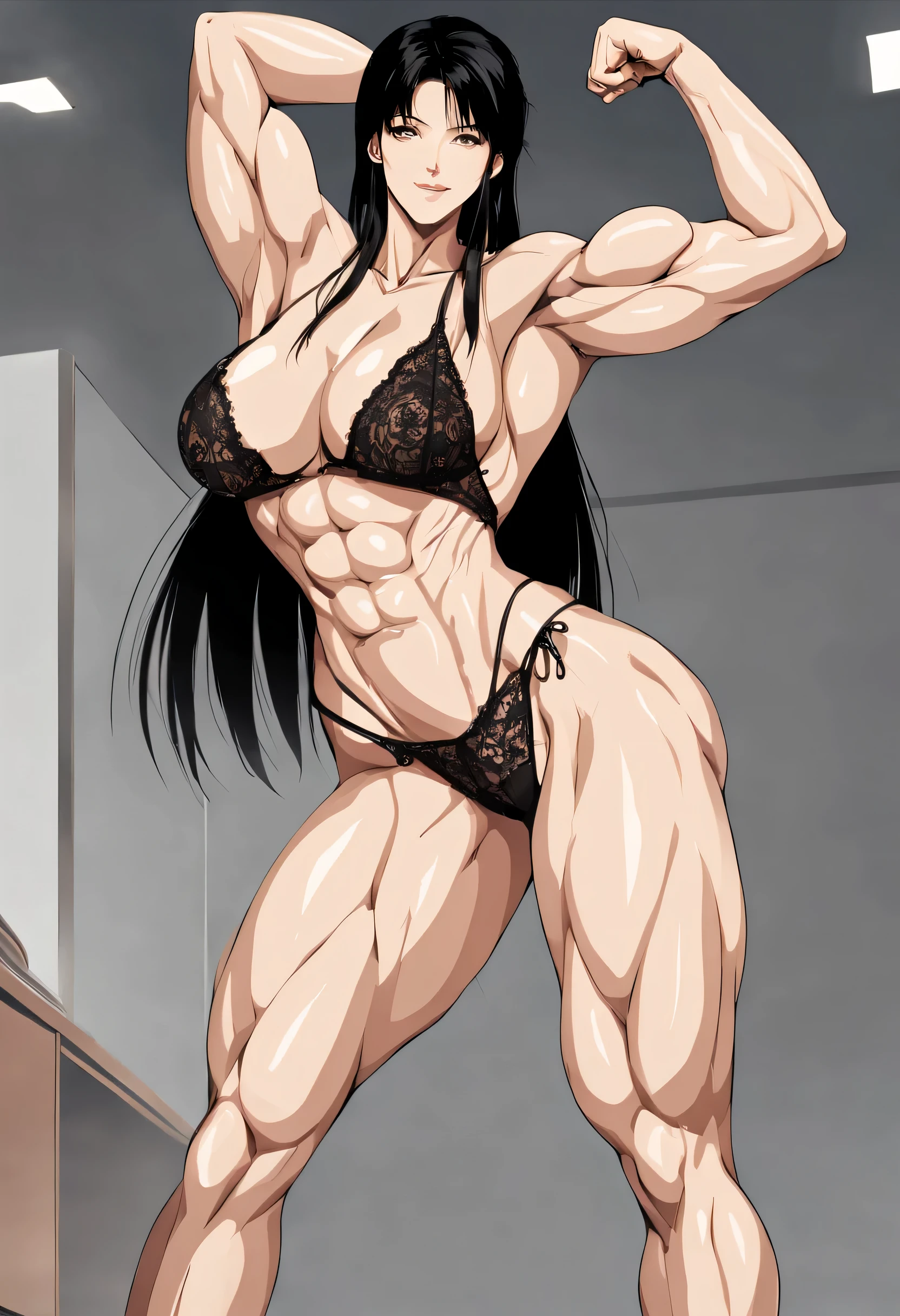 one  sexy girl, wearing black lace thong, standing tall and dominant , chiseled abdomen , self confident, ,aggressive, strong, smiling smug, superb,muscular body, flexing