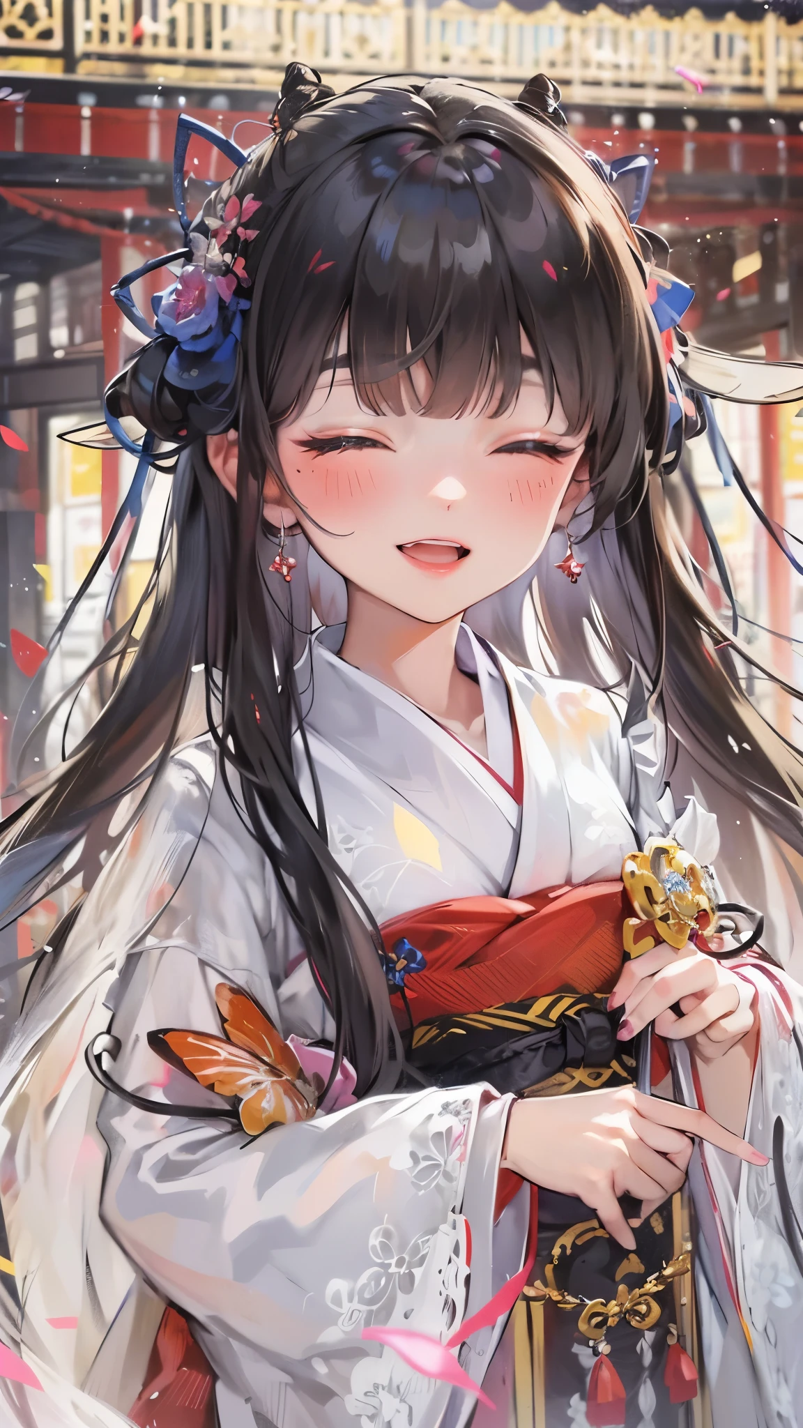 (perfect anatomy, masterpiece:1.2, best quality, 8k, beautiful detailed grow, daydreaming expression), (solo:1.2 blunt:1.1 bangs black hair long hair beautiful divine girl, 14 yo, detailed closed eyes, sexy smile), (in a divine shrine maiden costume), break, background Dazaifu Tenmangu.