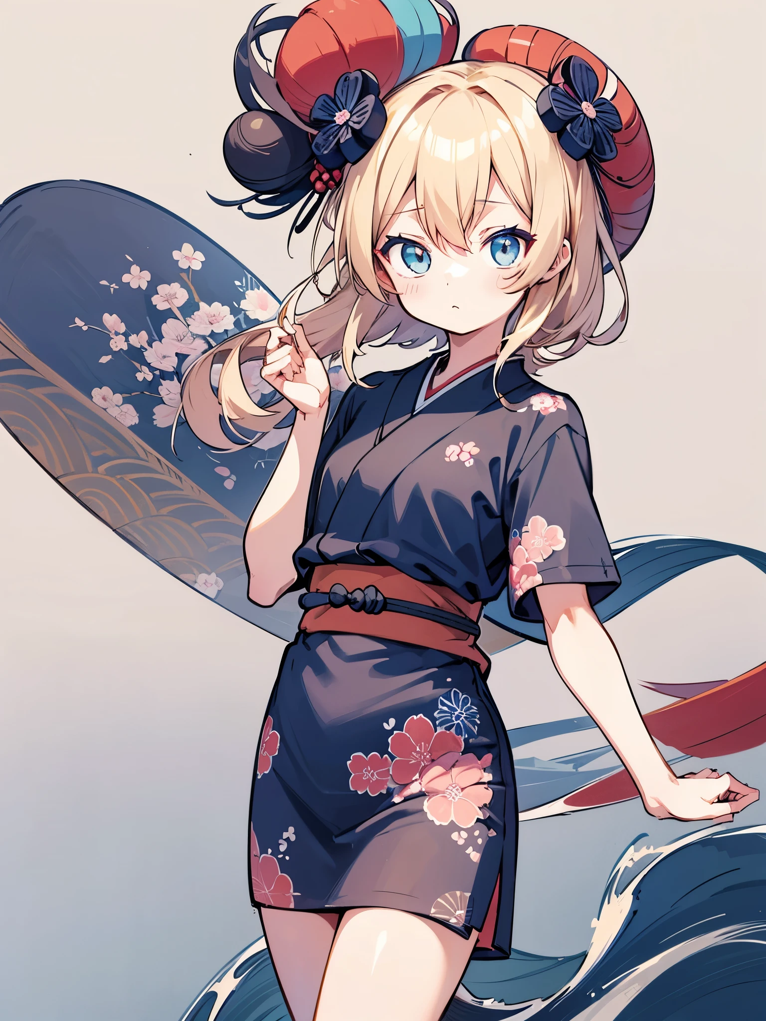 T-Shirt Design im japanischen Stil, Hokusai Welle, Hokusai Stil, mit modernen Anime Elementen, blonde Haare, blaue Augen, pastellfarben, 1girl, cute, kawaii, Sweet, pastell,