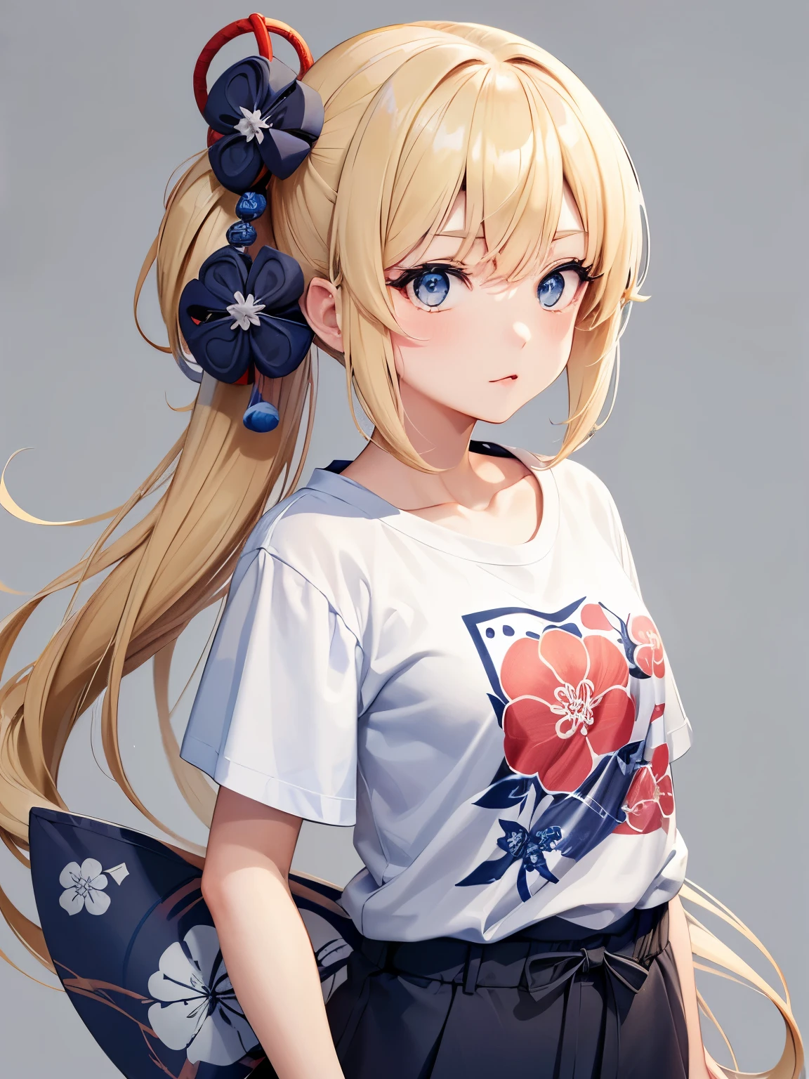 T-Shirt Design im japanischen Stil, Hokusai Welle, Hokusai Stil, mit modernen Anime Elementen, blonde Haare, blaue Augen, pastellfarben, 1girl, cute, kawaii, Sweet, pastell,