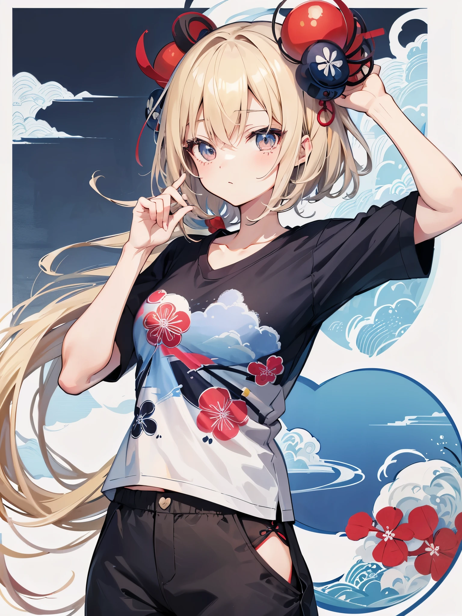 T-Shirt Design im japanischen Stil, Hokusai Welle, Hokusai Stil, mit modernen Anime Elementen, blonde Haare, blaue Augen, pastellfarben, 1girl, cute, kawaii, Sweet, pastell,