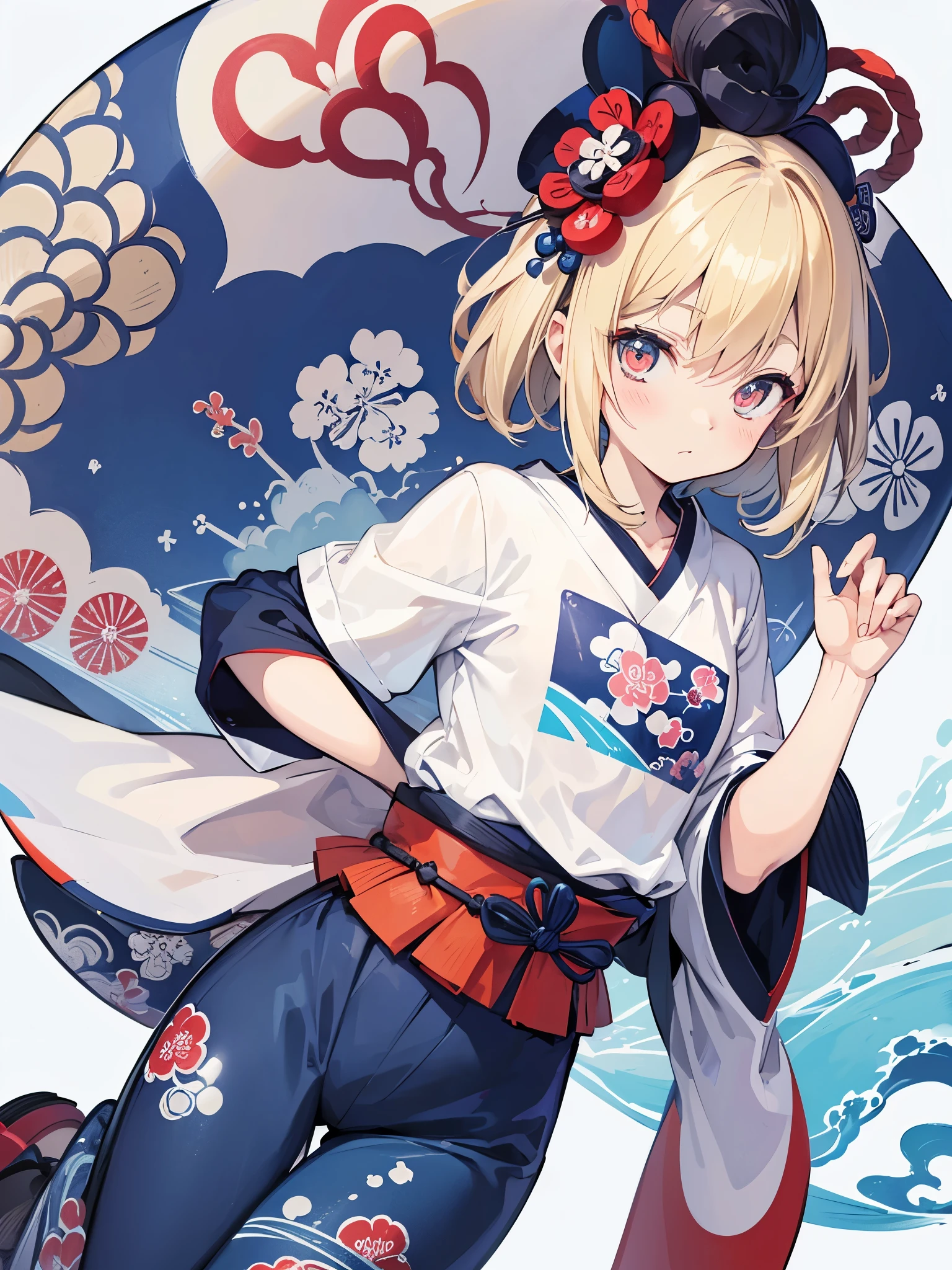 T-Shirt Design im japanischen Stil, Hokusai Welle, Hokusai Stil, mit modernen Anime Elementen, blonde Haare, blaue Augen, pastellfarben, 1girl, cute, kawaii, Sweet, pastell,