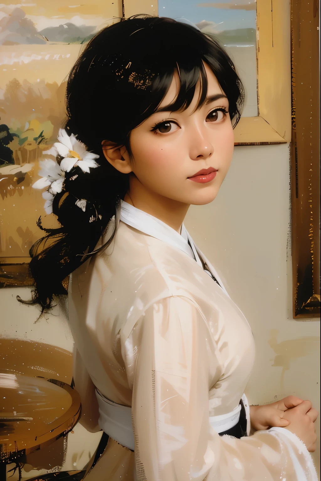 ((best quality)), ((masterpiece)), perfect face, young adult woman, dark skinned asian, Has long and curly black hair that cascades down her back that frames her round face, hair tied up in bun, bright hazel eyes that captivate those who meet her, hanbok dress with vibrant colors, portrait view, traditional korean clothes, brushstrokes, pencil strokes