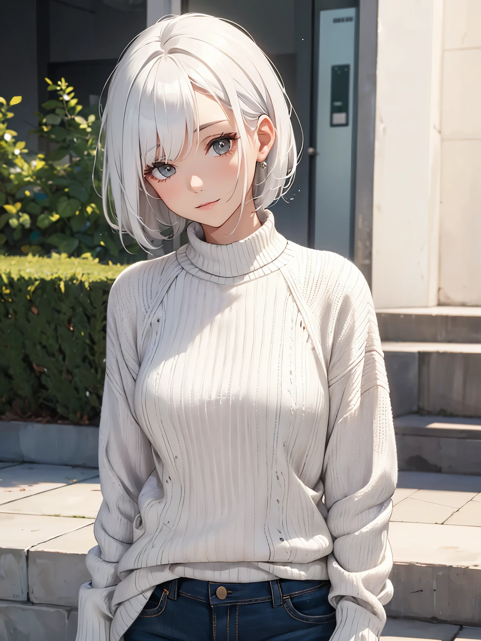 A mature girl, white hair, wearing sweater